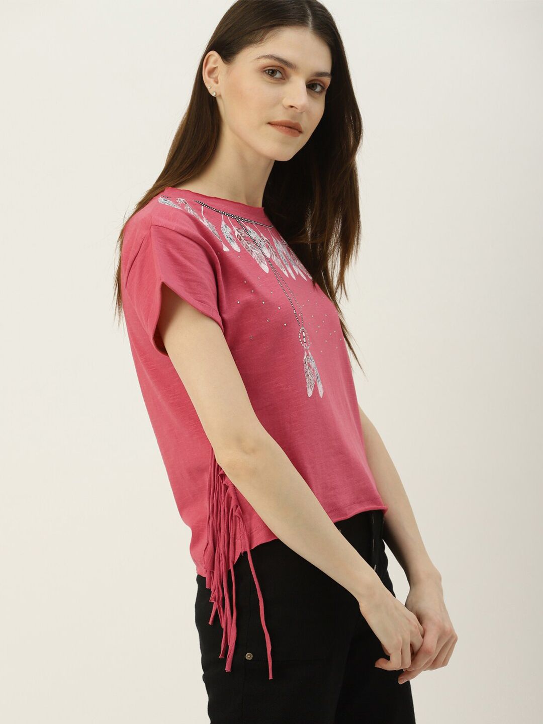 Mast & Harbour Pink Graphic Printed Embellished Pure Cotton Top Price in India