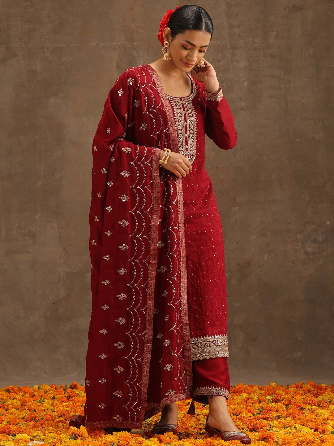 Libas Maroon Floral Embroidered Sequined Kurta With Trousers & Dupatta Price in India