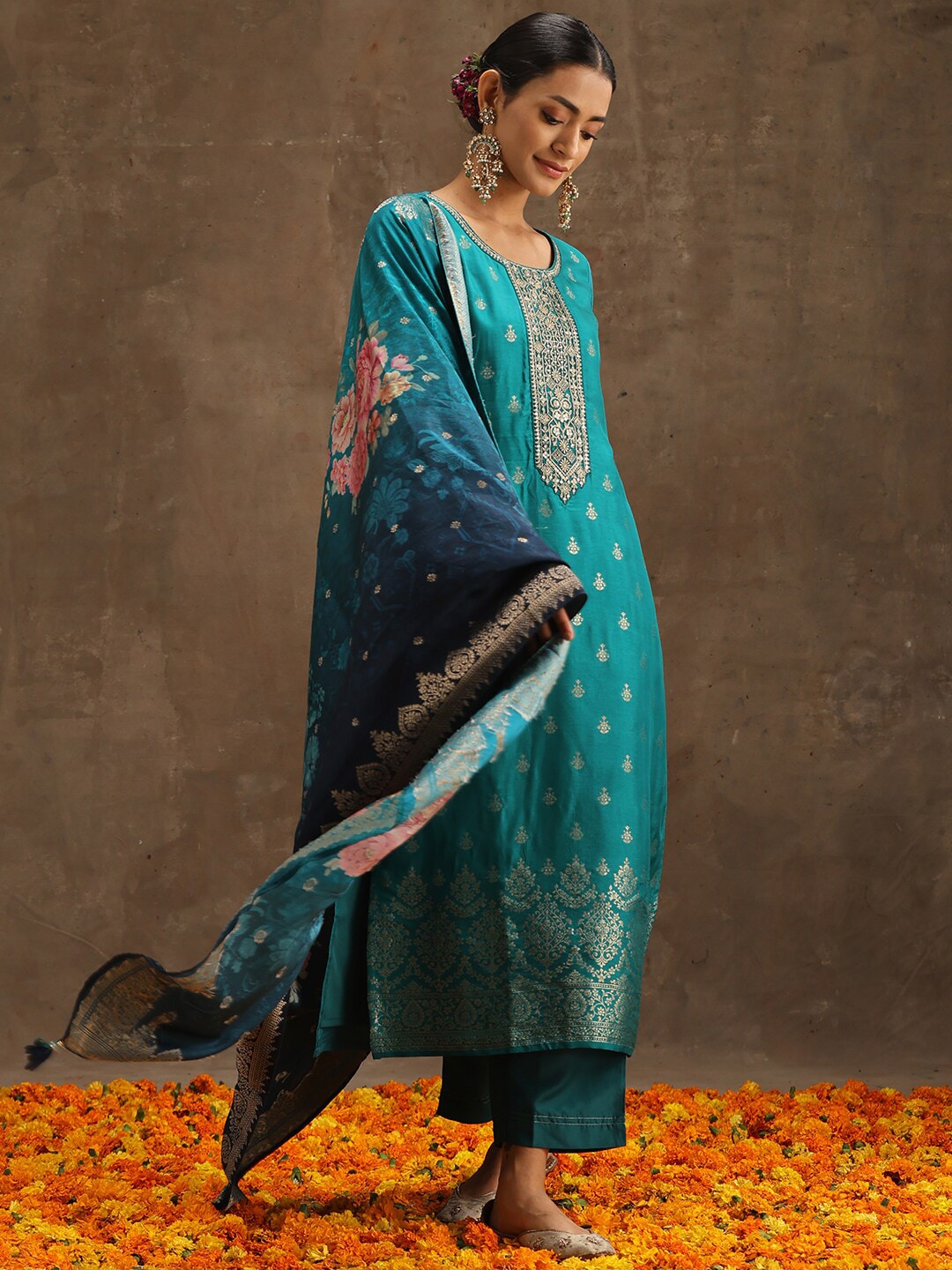 Libas Green Ethnic Motifs Woven Design Pure Silk Kurta With Trousers & Dupatta Price in India