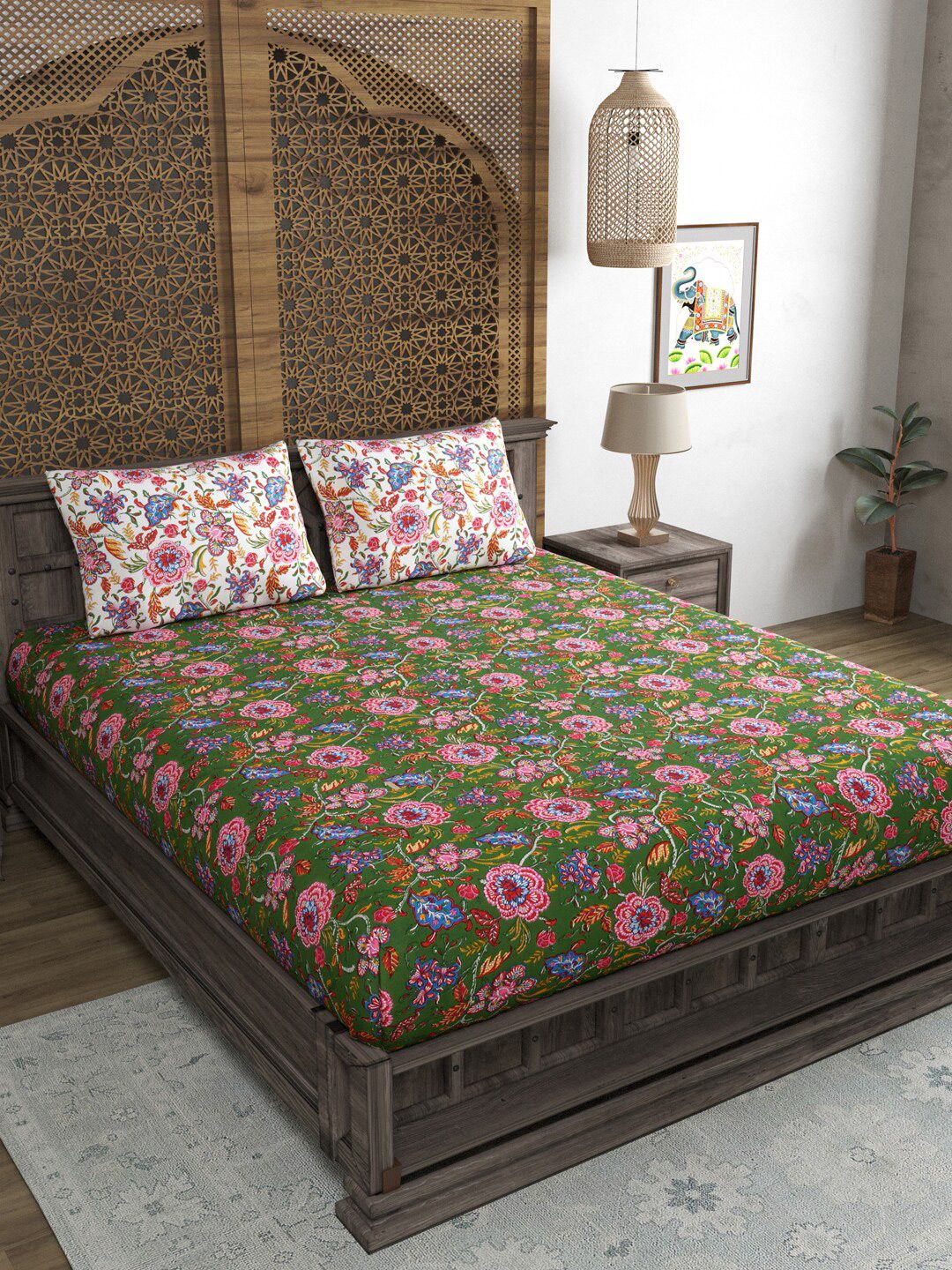 Sangria Sangria Green Floral Cotton 210 TC Fitted King Fine Bedsheet with 2 Pillow Covers-78 x 72 inches