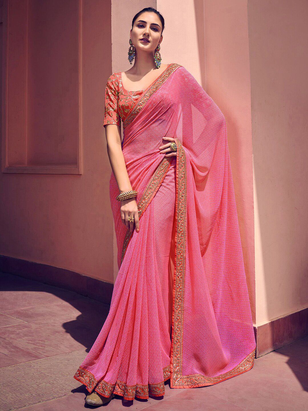 Mitera Pink & Gold-Toned Sequinned Poly Georgette Leheriya Saree Price in India