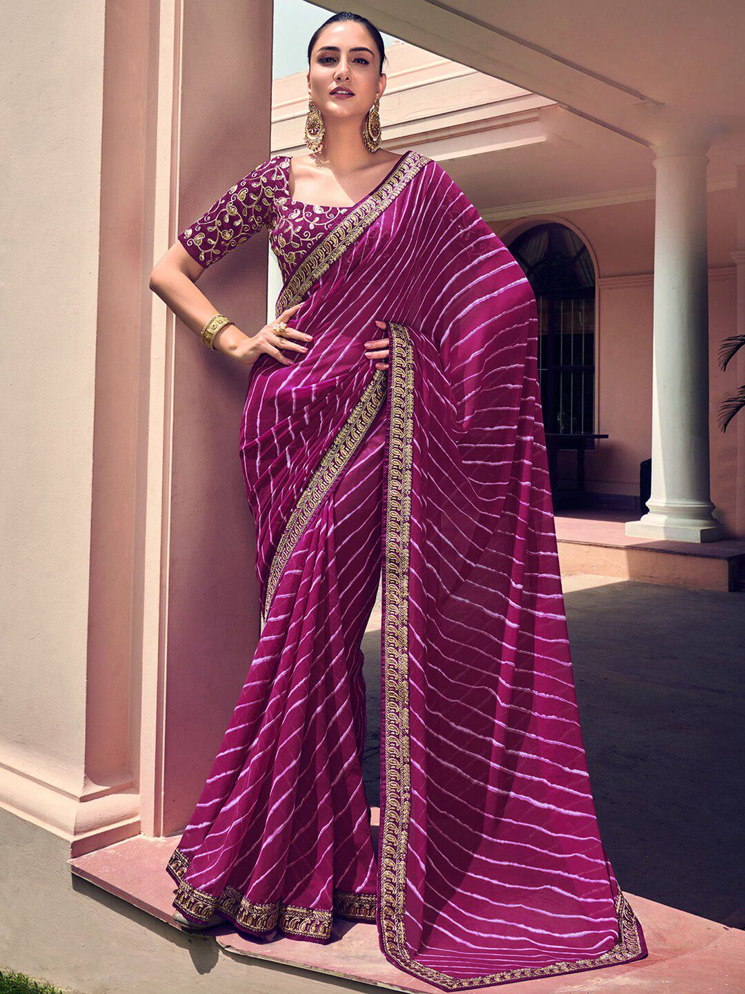 Mitera Purple & White Leheriya Printed Embroidered Poly Georgette Leheriya Saree Price in India