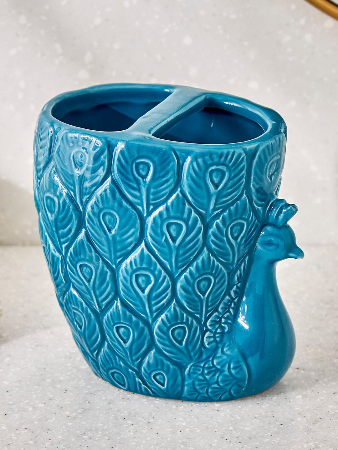 Home Centre Corsica Teal Blue Textured Peacock-Shaped Tooth Brush Holder