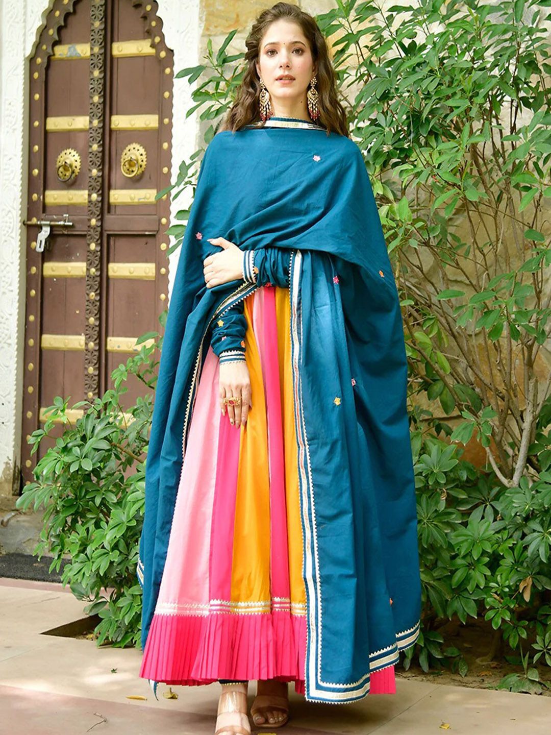 Lirose Colourblocked Gotta Patti Anarkali Pure Cotton Kurta With Trousers & Dupatta Price in India