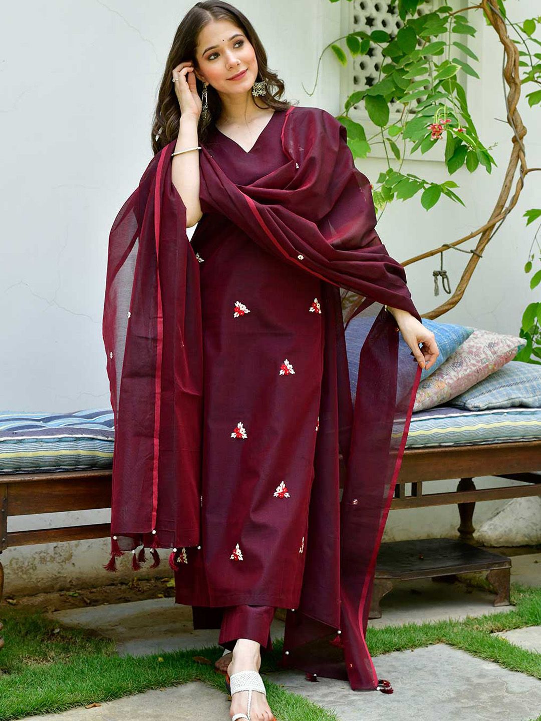 Lirose Floral Embroidered Pure Cotton Straight Kurta With Palazzos & Dupatta Price in India