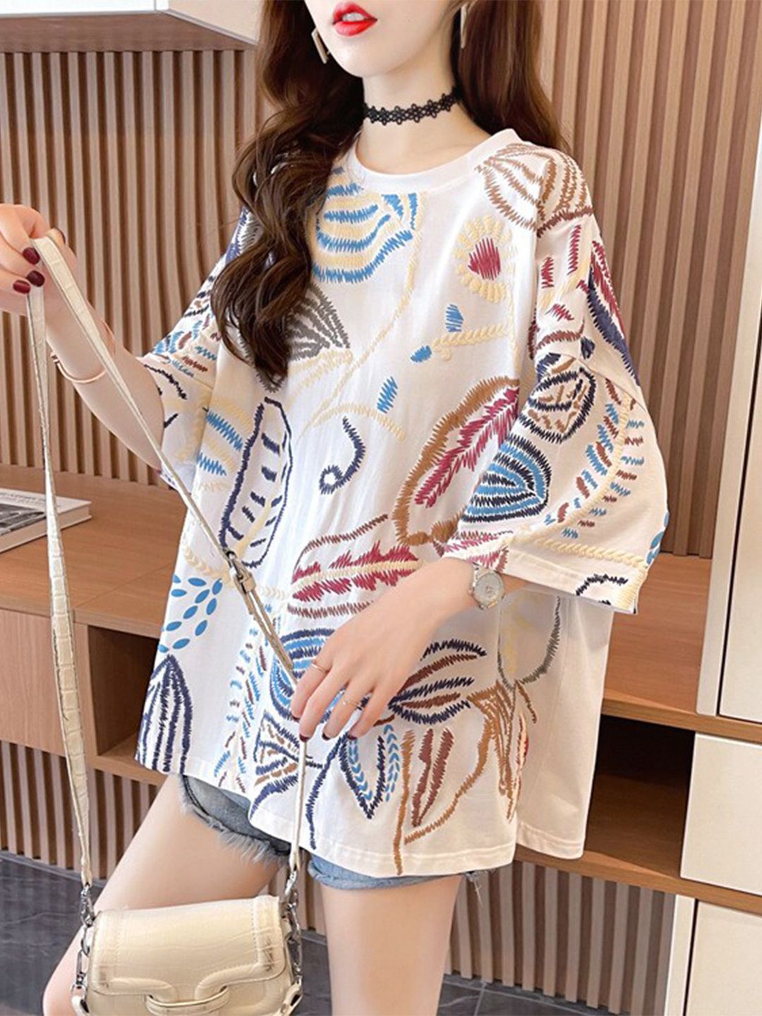 BoStreet White Graphic Printed Drop Shoulder Sleeves Pure Cotton Longline T-Shirt Price in India