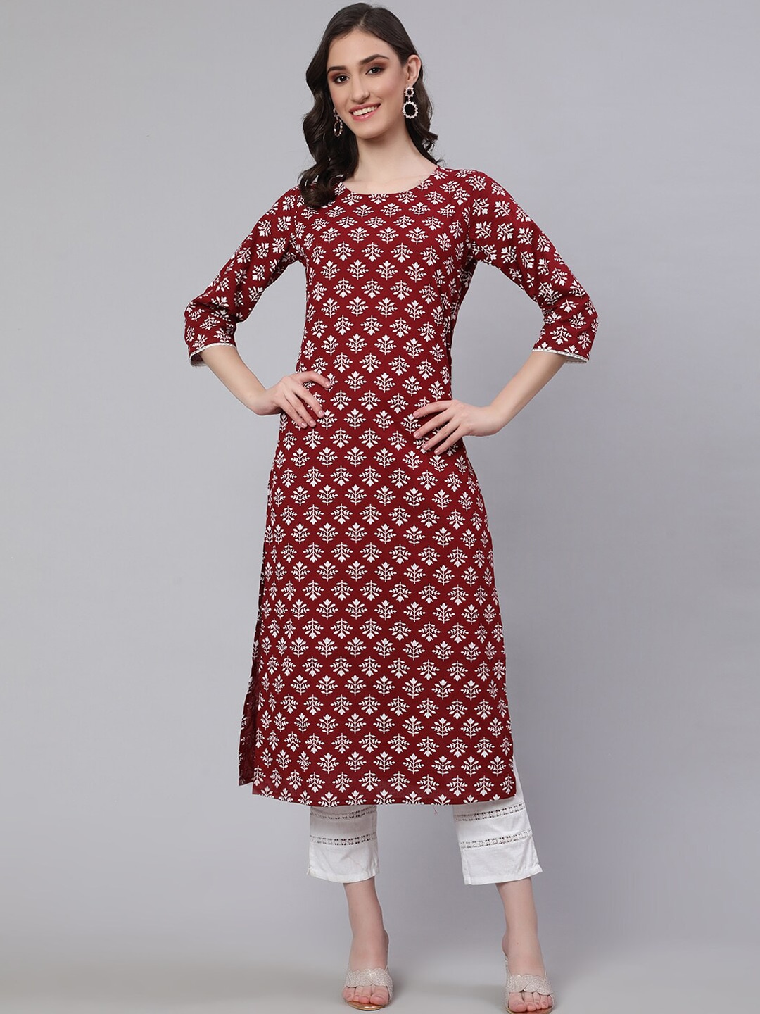 Nayo Women Maroon Ethnic Motifs Printed Cold-Shoulder Sleeves Thread Work Kurta Price in India
