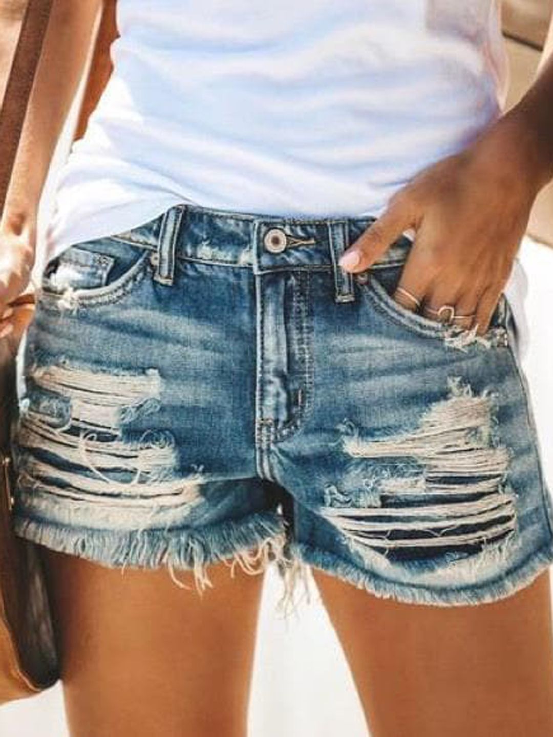 BoStreet Women Blue Highly-Distresses Washed Denim Shorts Price in India