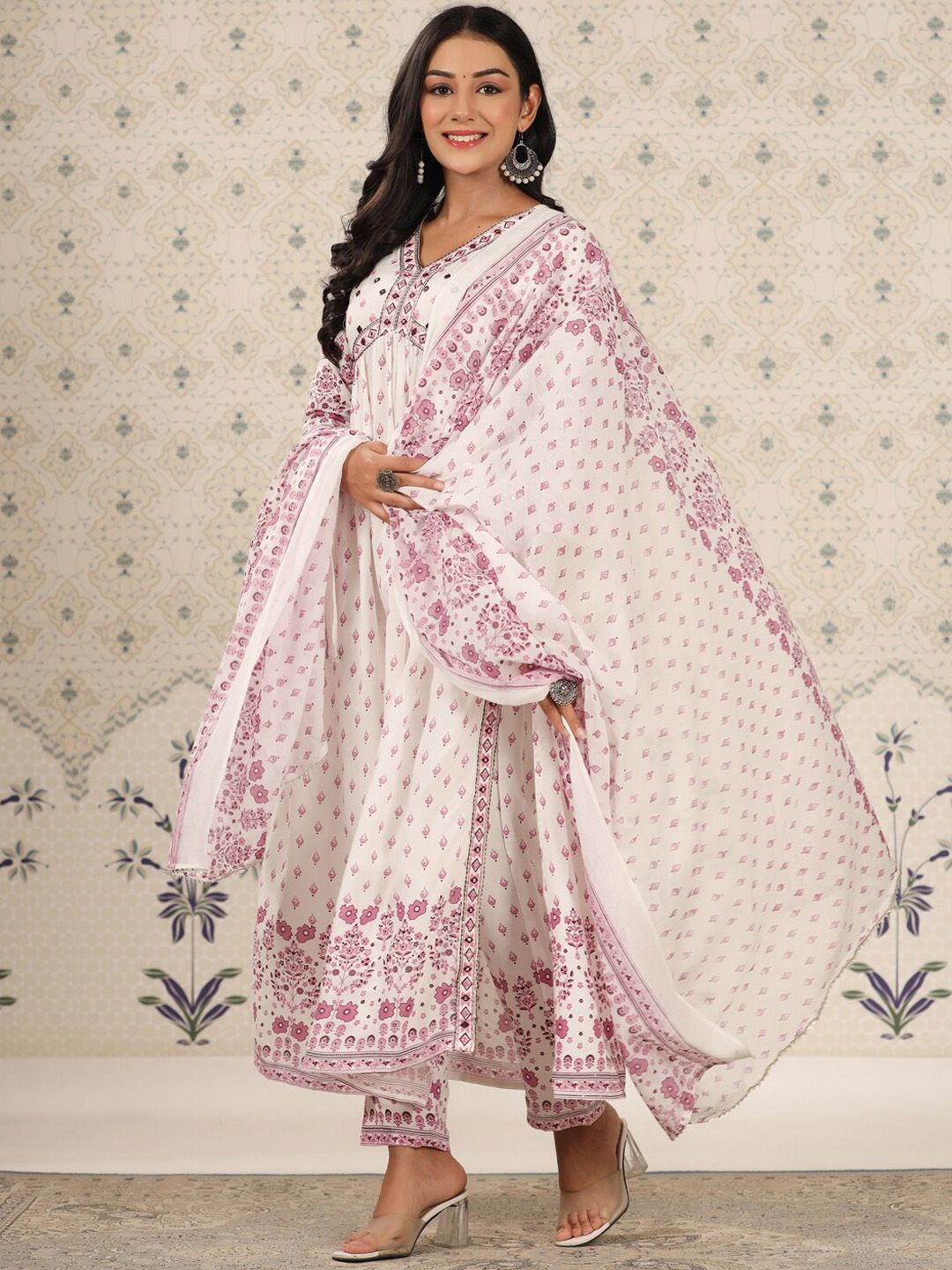 Ode by House of Pataudi Purple Floral Printed Kurta With Trousers & Dupatta Price in India