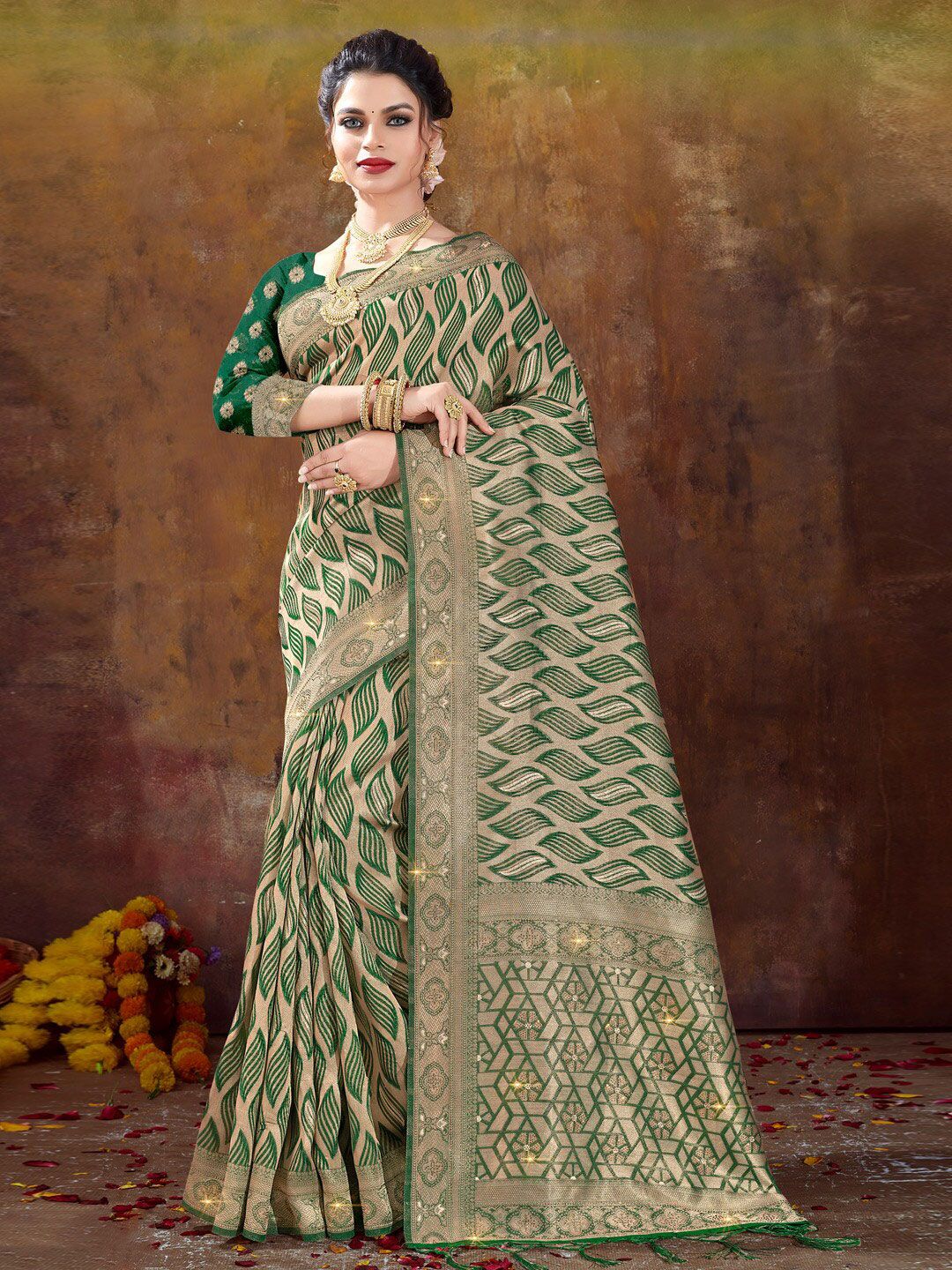 SANGAM PRINTS Green & Gold-Toned Woven Design Beads and Stones Organza Saree Price in India