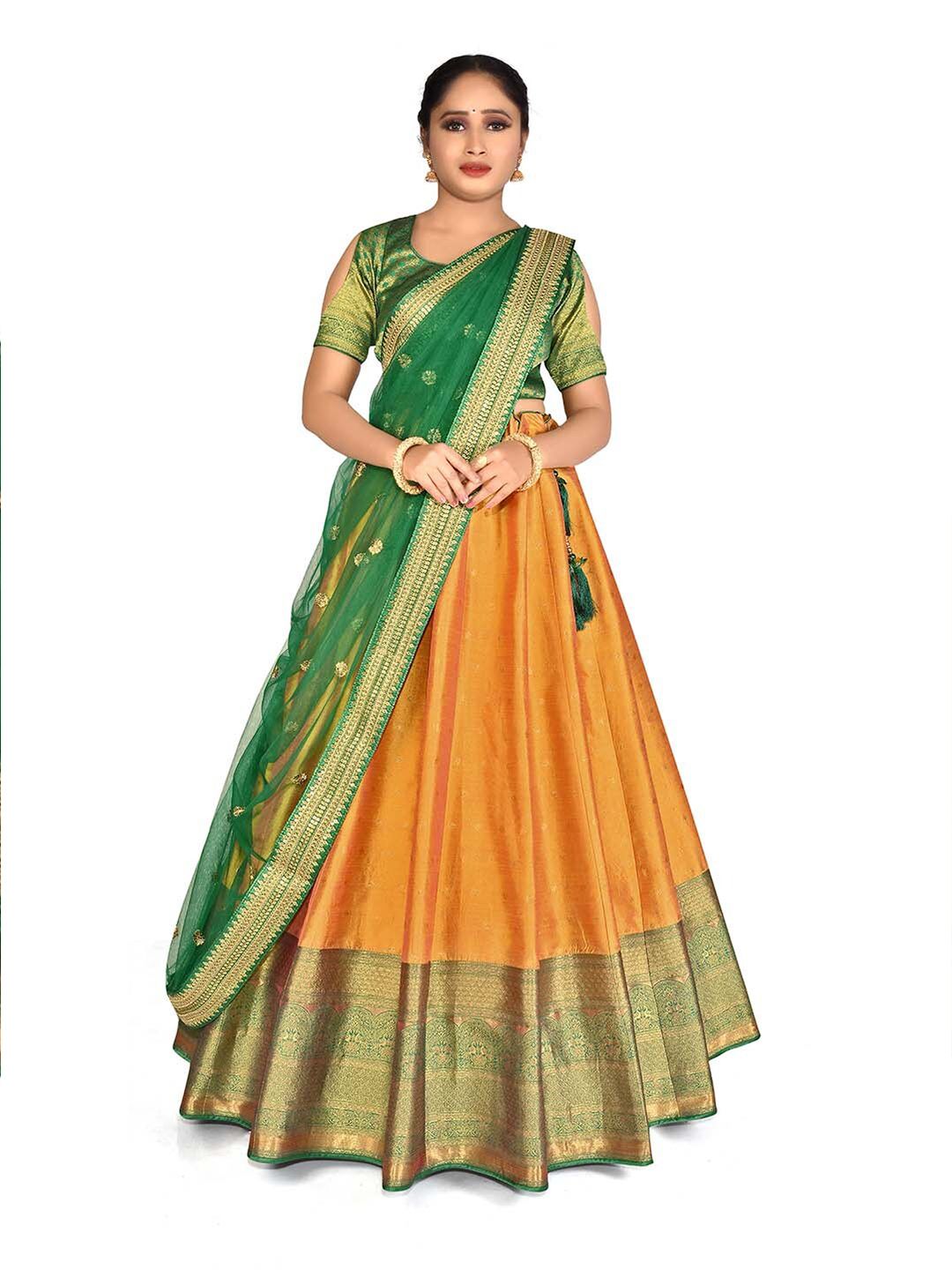 HALFSAREE STUDIO Gold-Toned & Green Semi-Stitched Lehenga & Blouse With Dupatta Price in India