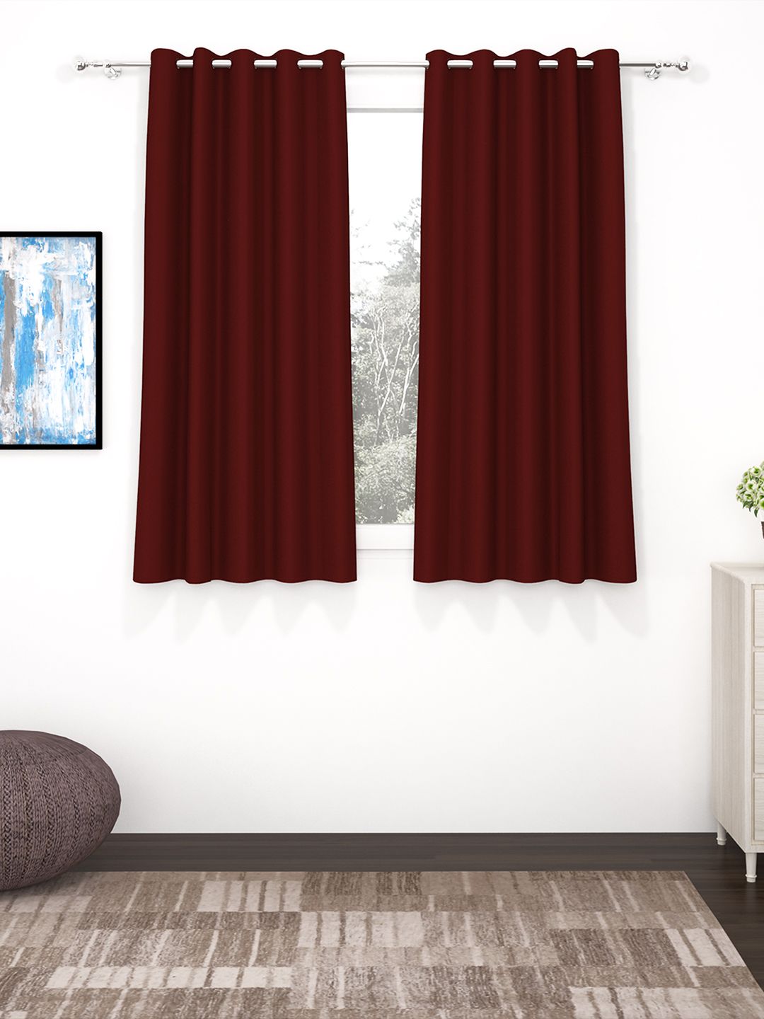 Story@Home Faux Silk Solid Solid 300GSM Maroon Room Darkening Blackout Window Curtain - Set of 2 Price in India