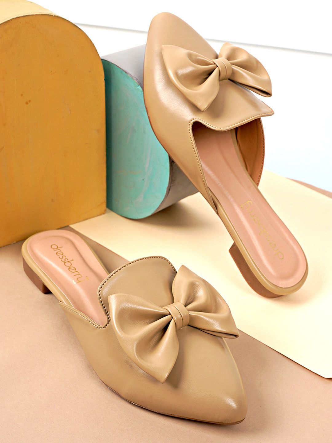 DressBerry Women Beige Pointed Toe Mules With Bows