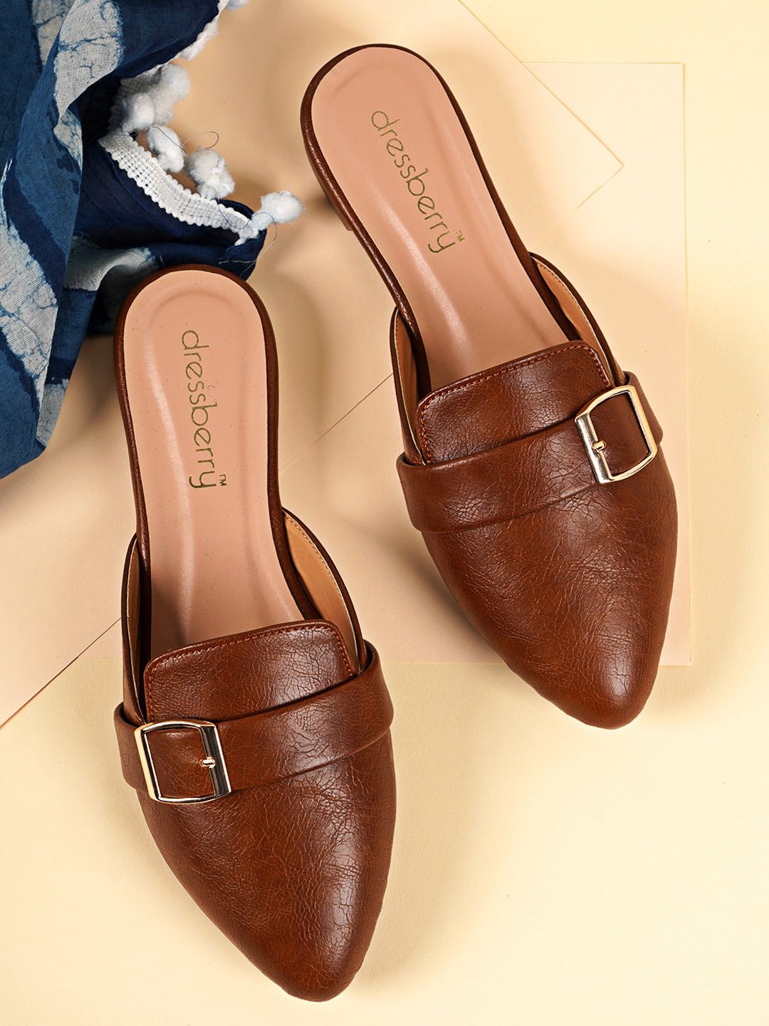 DressBerry Brown Textured Buckled Pointed Toe Mules Price in India