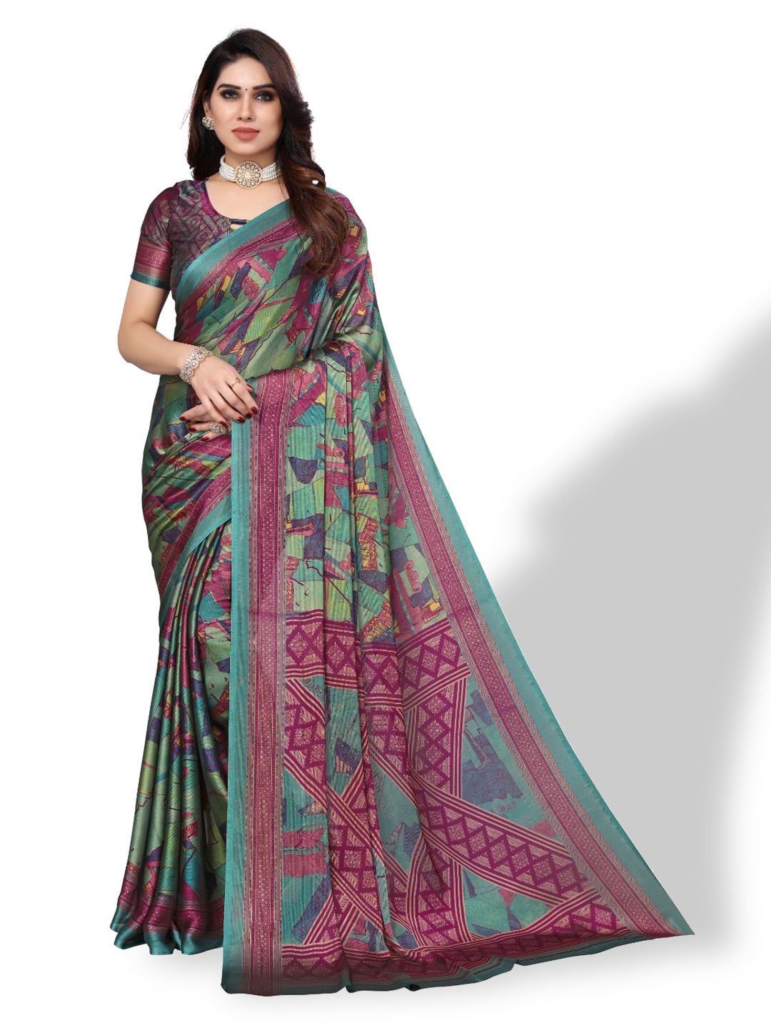 FABMORA Green & Purple Poly Chiffon Saree Price in India