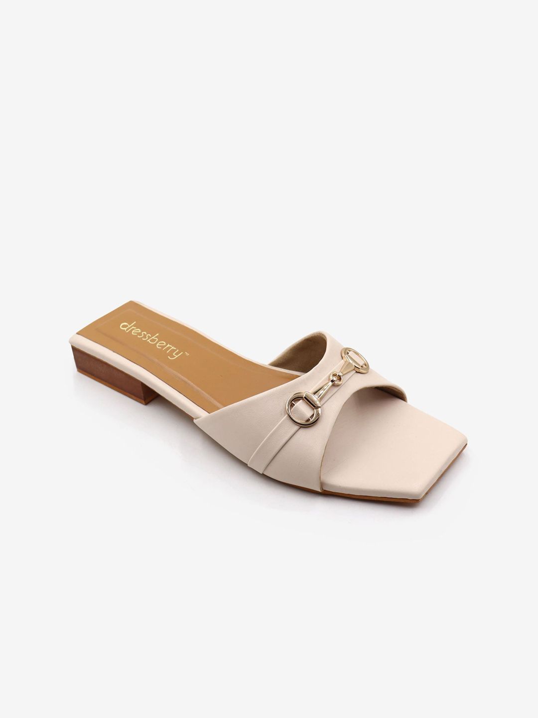 DressBerry Cream-Coloured And Gold-Toned Buckled Open Toe Flats Price in India