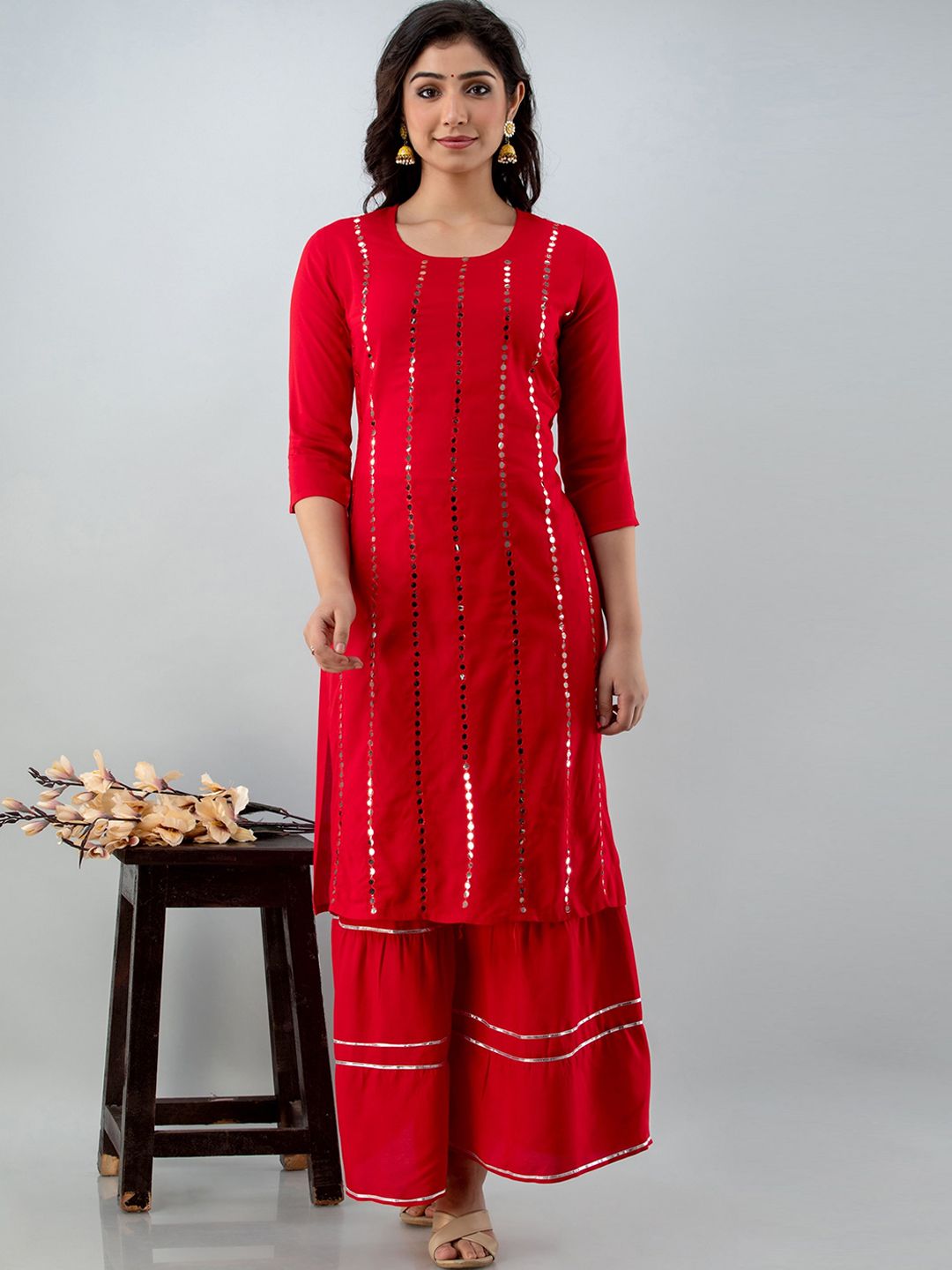 Lovista Women Red Embroidered Regular Mirror Work Kurta with Sharara Price in India