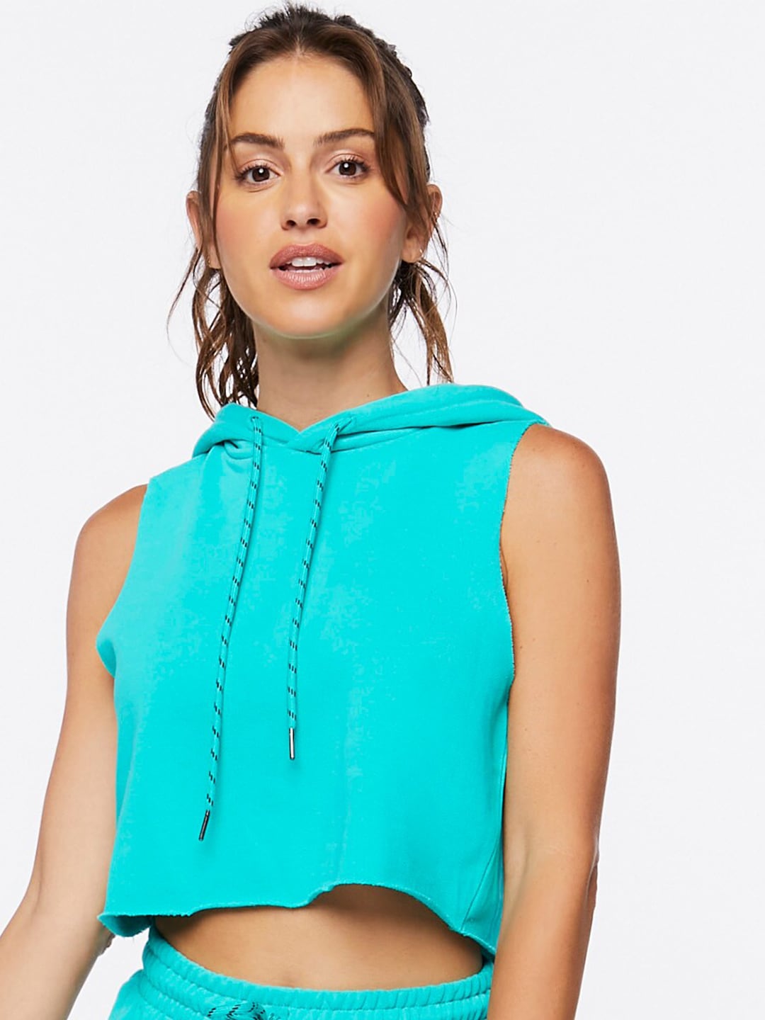 FOREVER 21 Blue Sleeveless Cotton Hooded Top Price in India