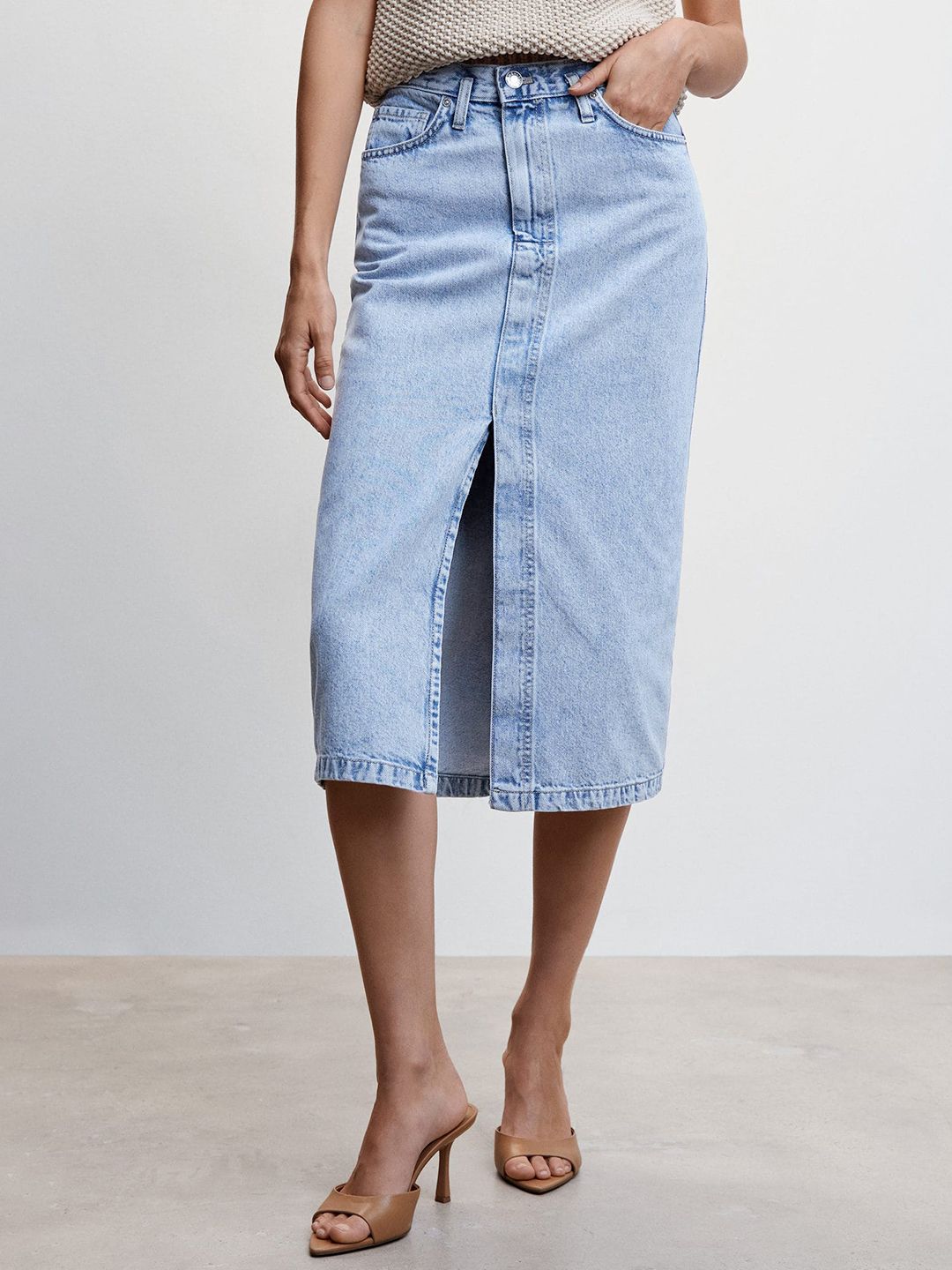 MANGO Women Pure Cotton Denim Straight Slit Midi Skirt Price in India