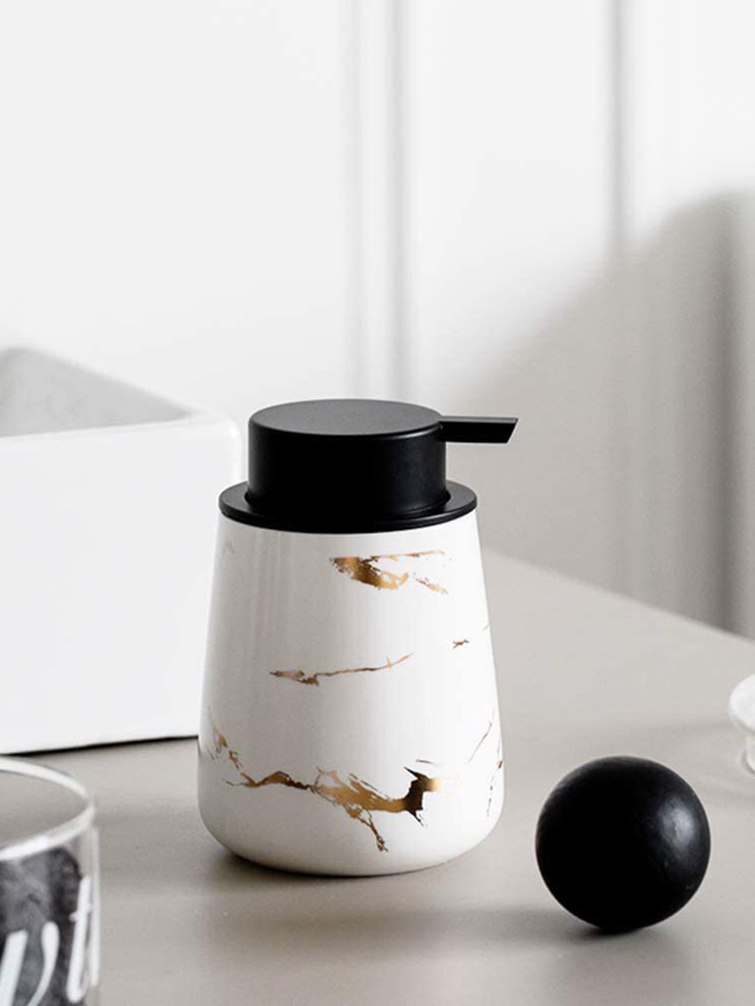 FabSeasons White & Black Printed Ceramic Soap Dispenser