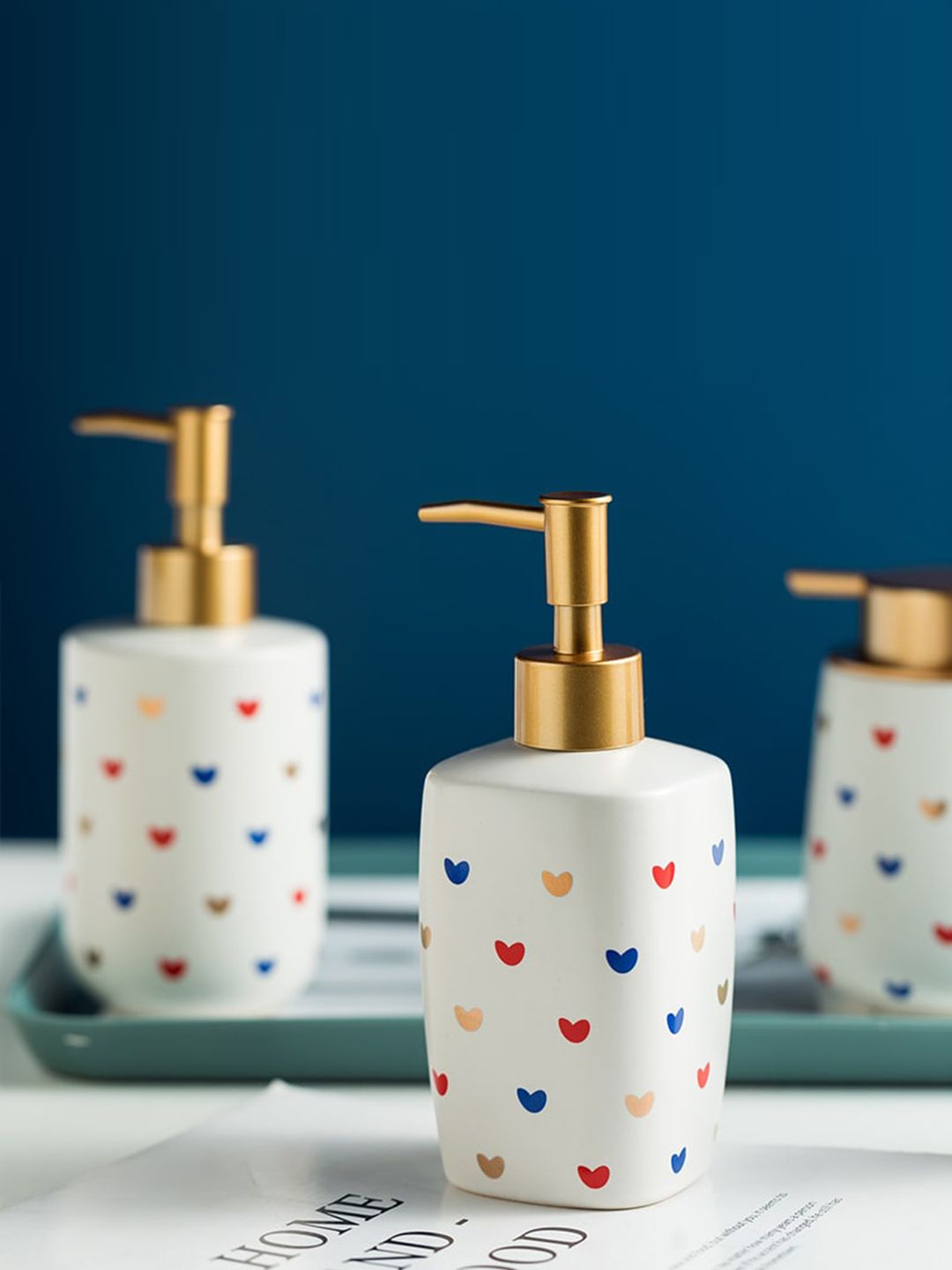 FabSeasons White & Red Heart Printed Ceramic Soap Dispenser