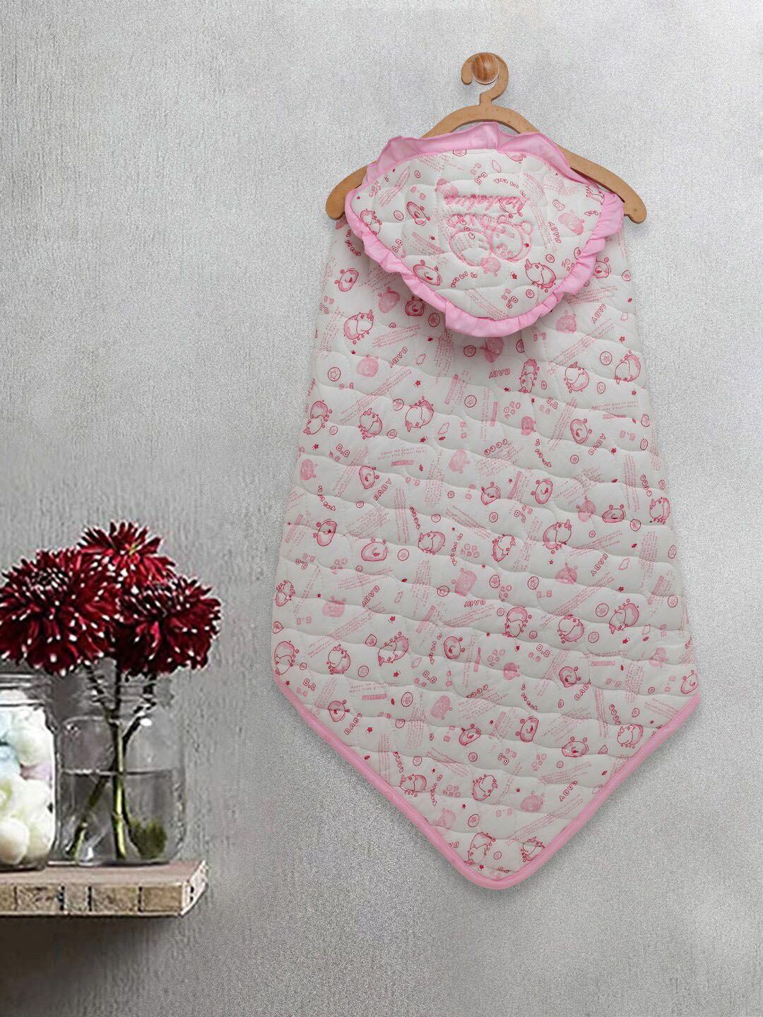 FABINALIV Kids White & Pink Printed Cotton 420 GSM Hooded Bath Towel