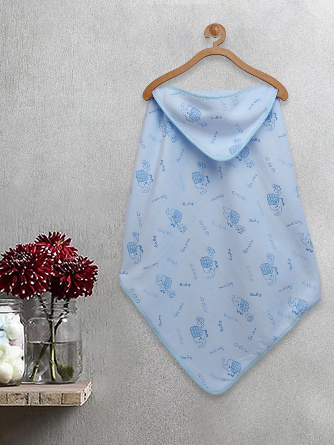 FABINALIV Infant Kids Blue Printed 420 GSM Cotton Hooded Bath Towel