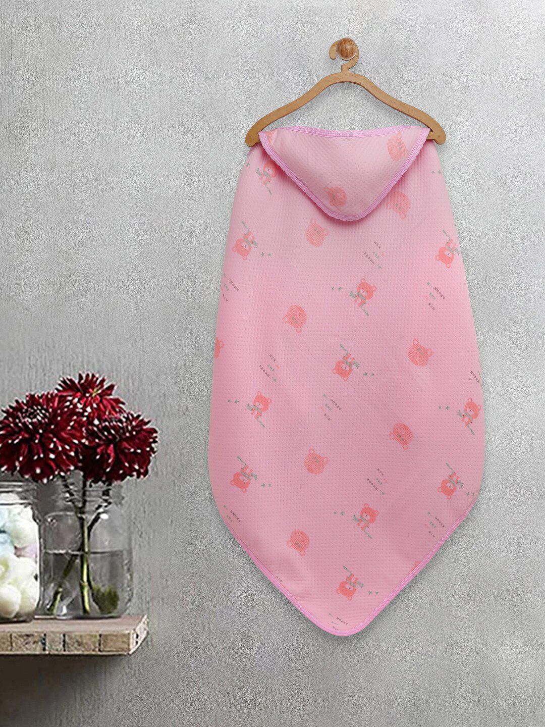 FABINALIV Infants Pink Cartoon Printed 420 GSM Cotton Hooded Bath Towel