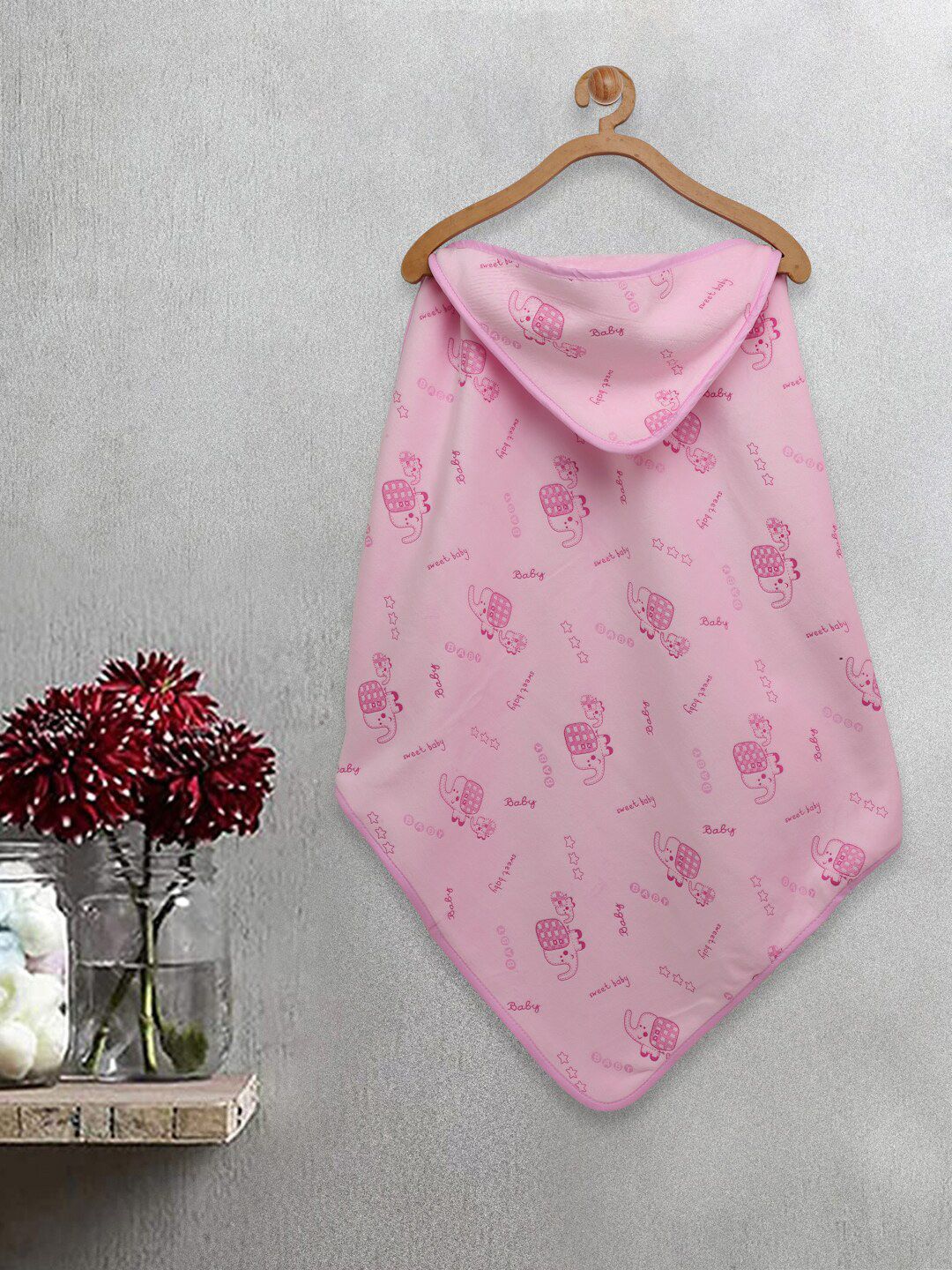 FABINALIV Infants Pink Conversational Printed 420 GSM Cotton Hooded Bath Towel