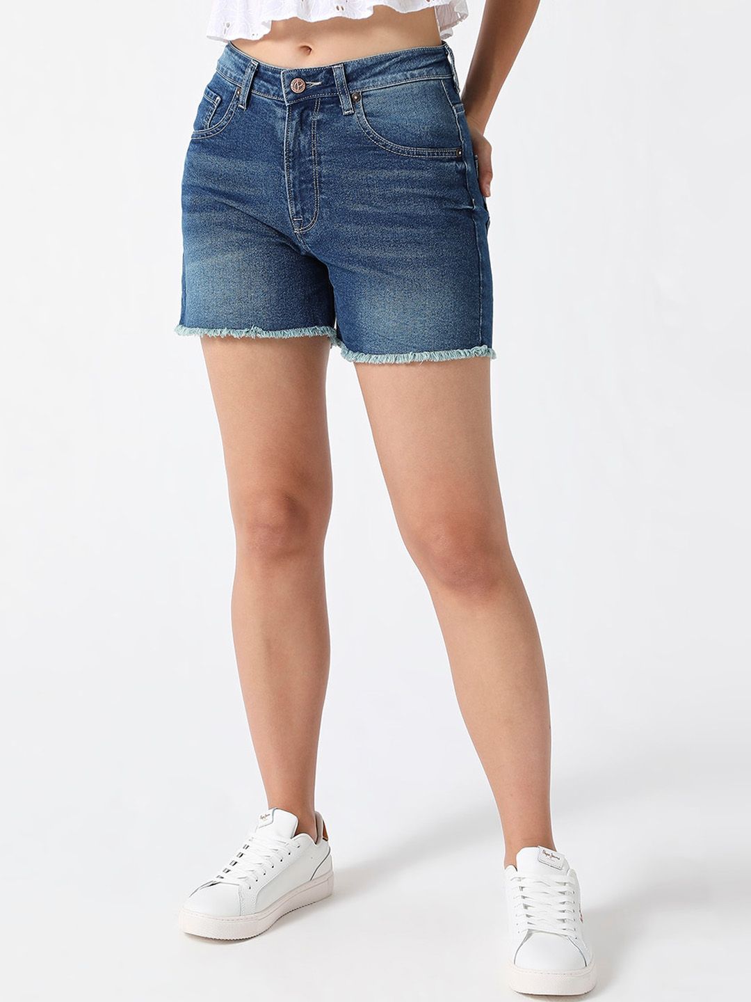 Pepe Jeans Women Washed High-Rise Denim Shorts Price in India