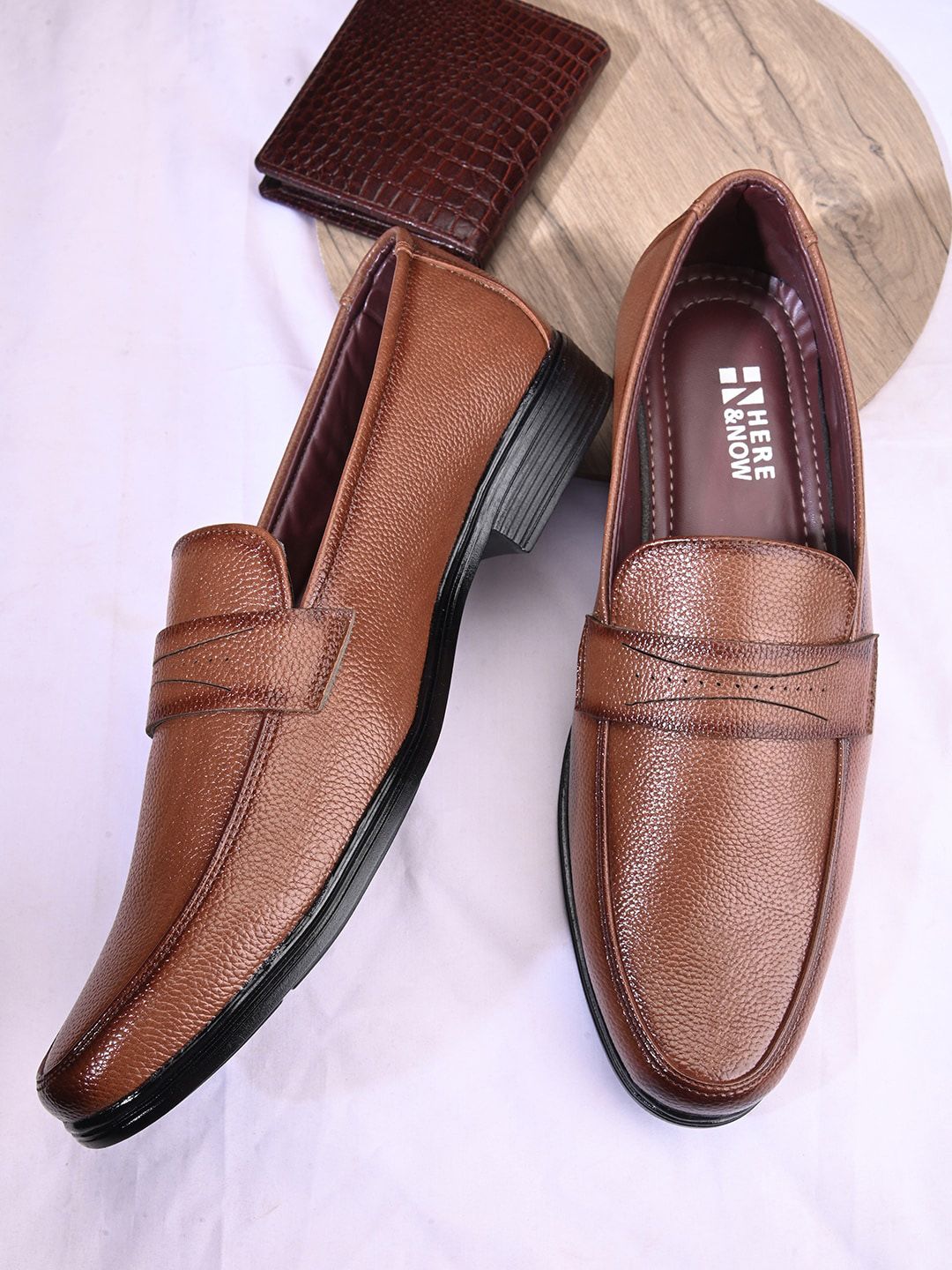 HERE&NOW Men Tan Leather Slip-On Formal Loafers