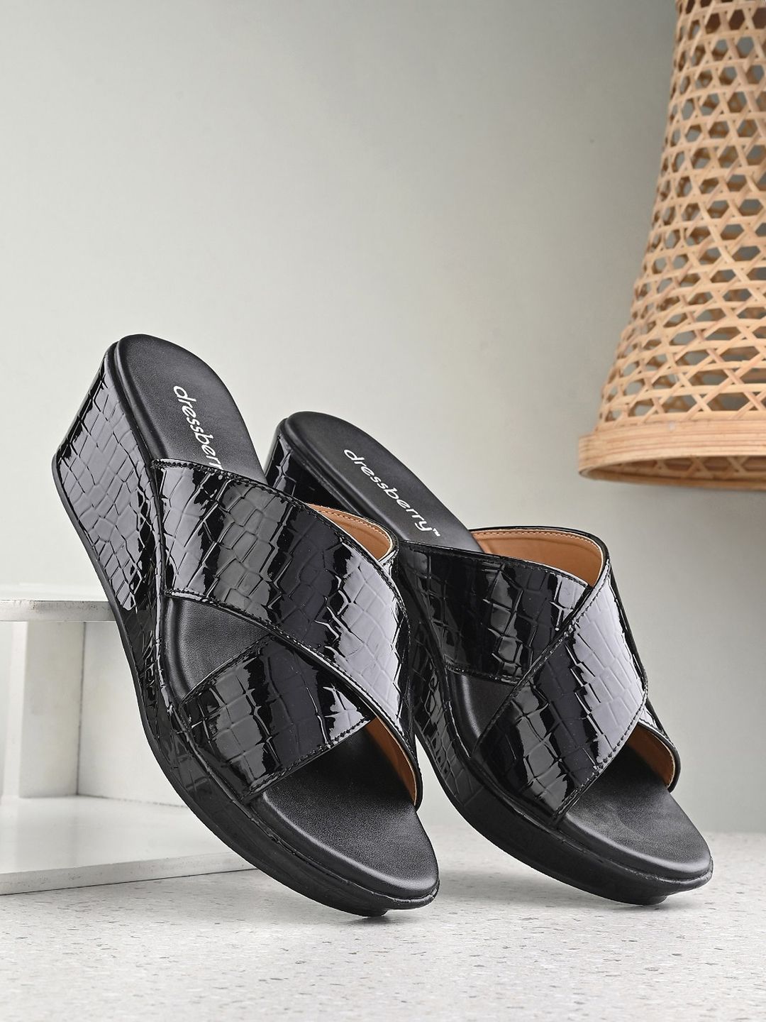 Anouk Black Textured Open Toe Cross Strap Wedges