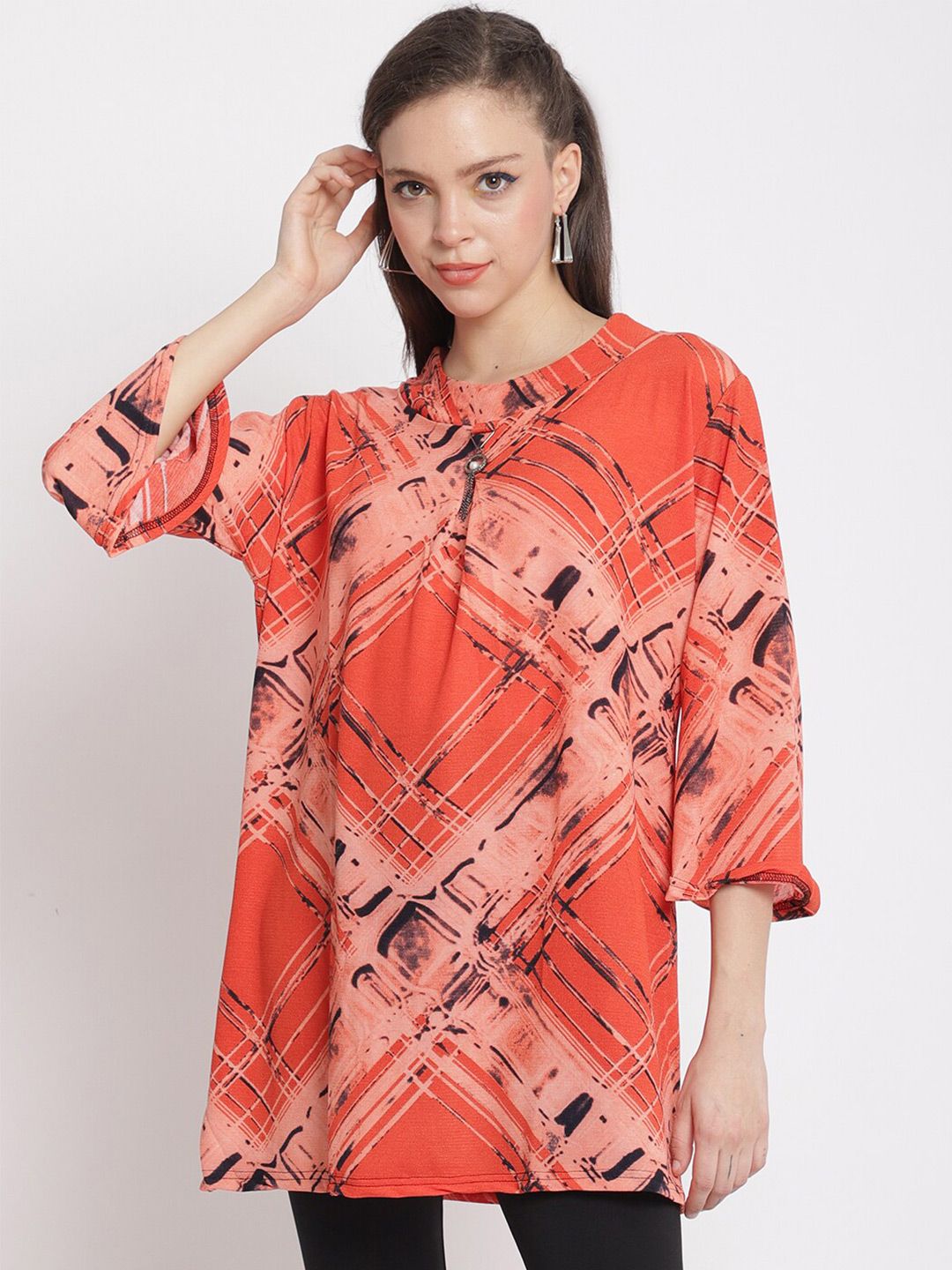 The Mini NEEDLE Orange Print Longline Top Price in India