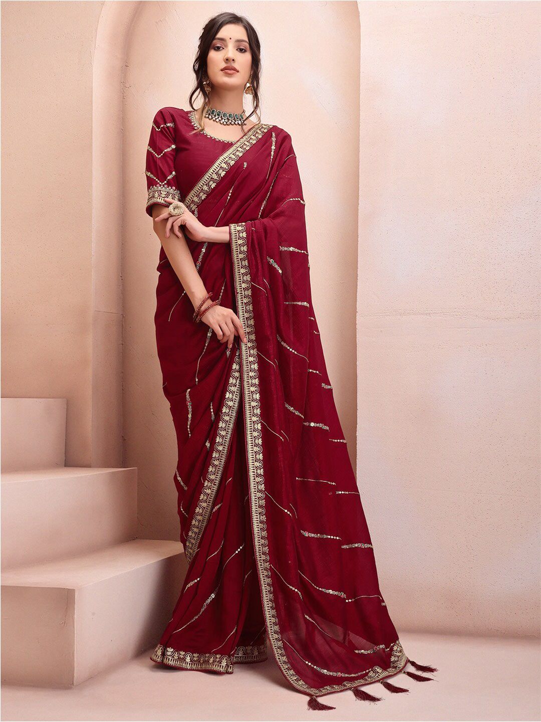 Inddus Maroon Embellished Sequinned Silk Blend Saree Price in India