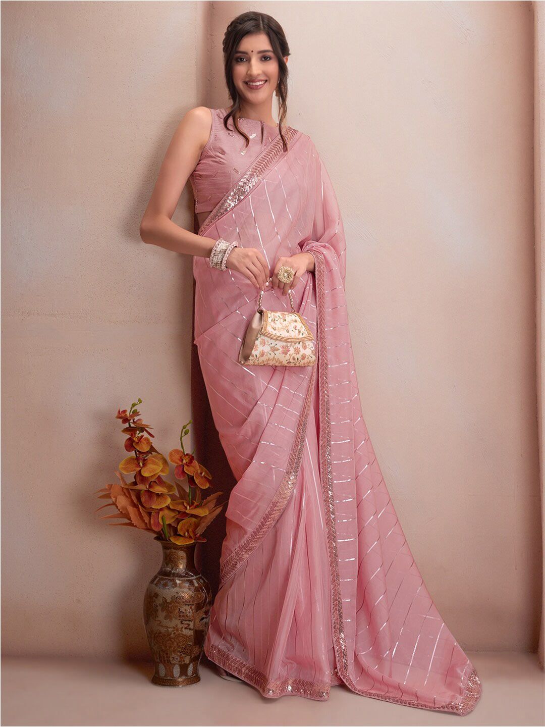 Inddus Pink Striped Embroidered Sequinned Organza Saree Price in India