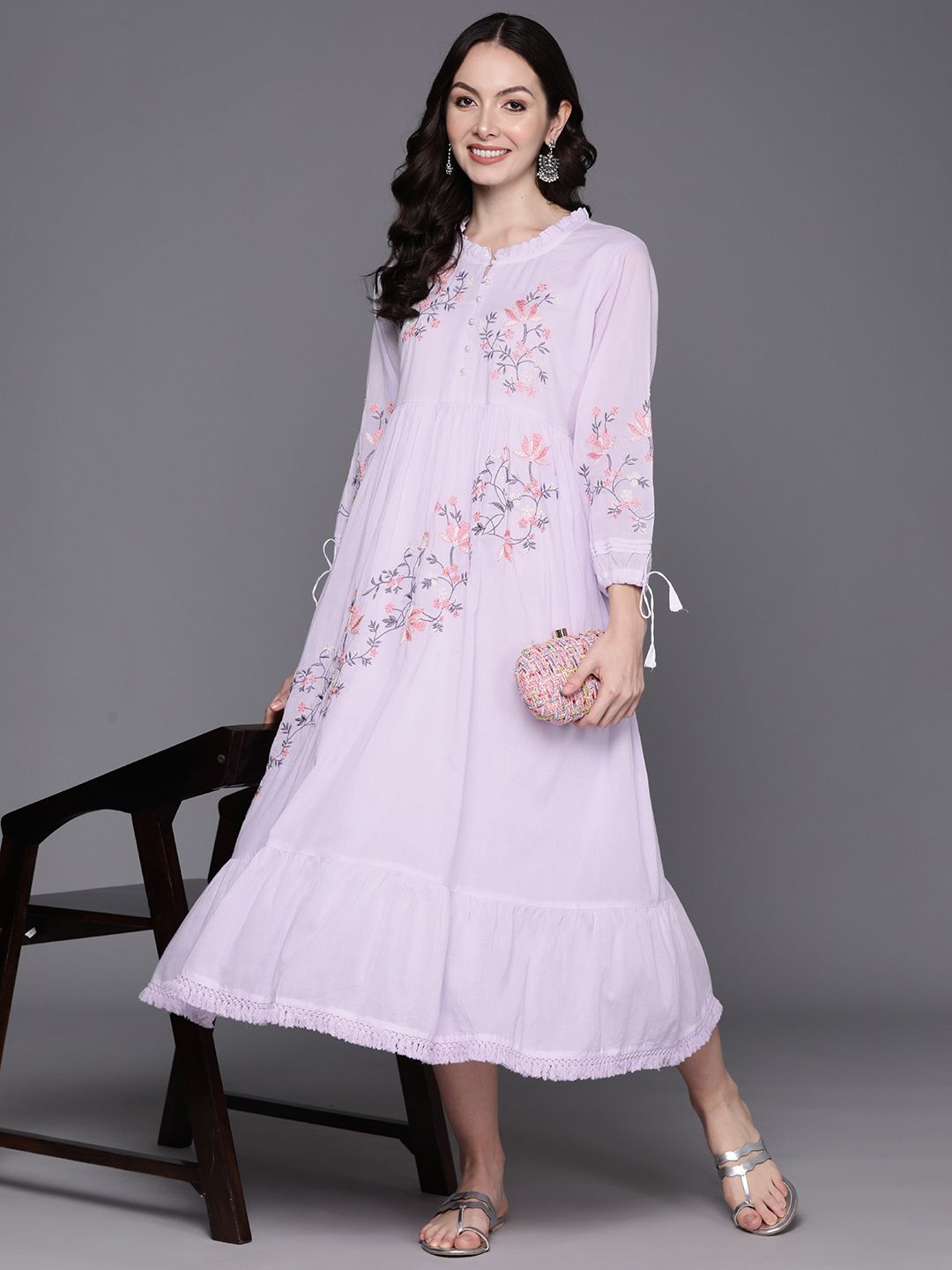 Indo Era Floral Embroidered Puff Sleeve A-Line Midi Dress Price in India