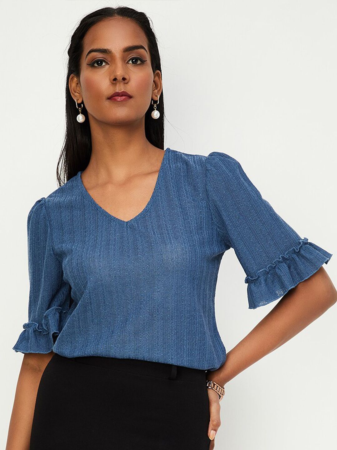 max Self Design V-Neck Flared Sleeve Ruffe Detailed Top Price in India