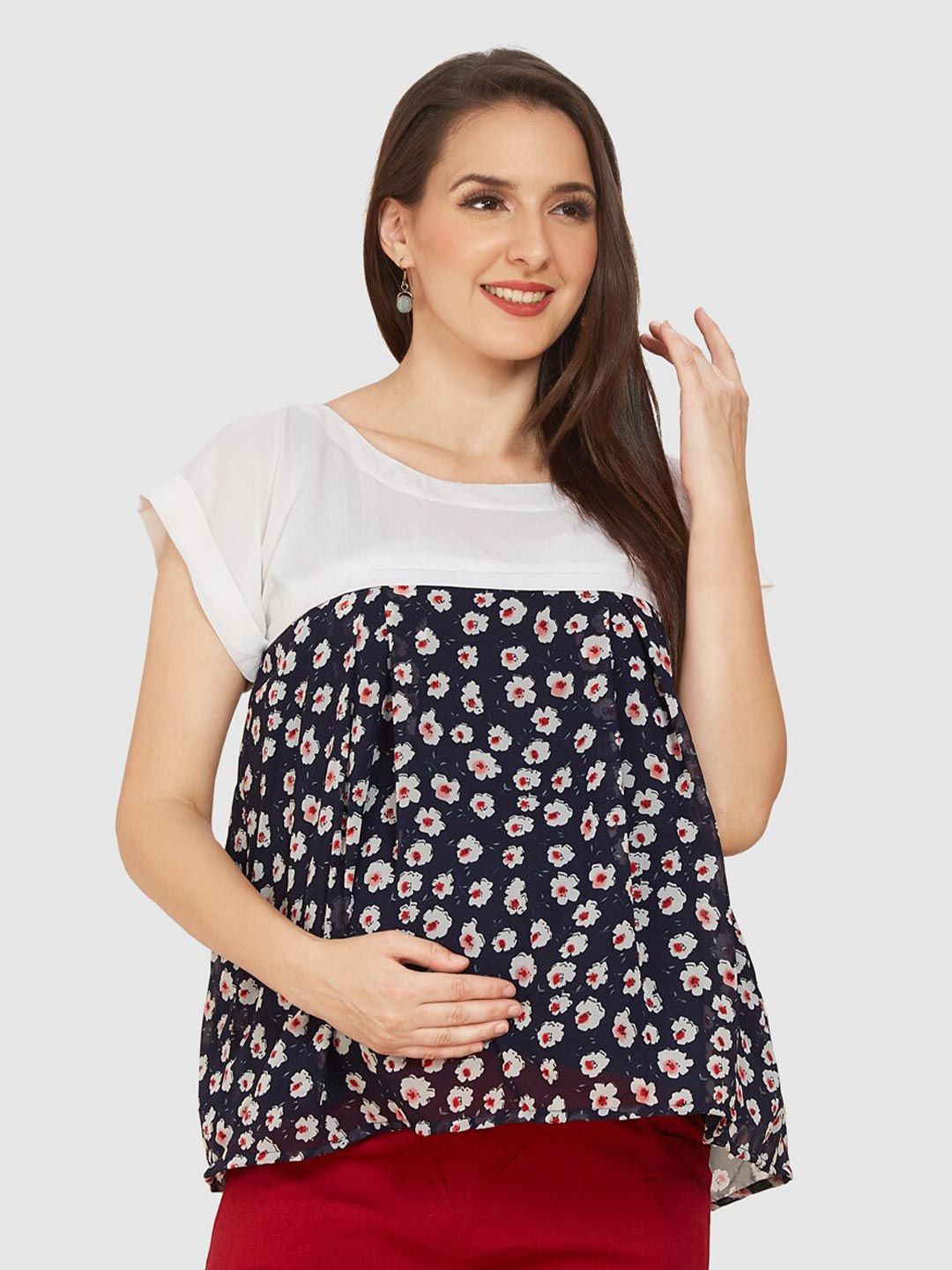 Mom For Sure by Ketki Dalal Maternity Floral Printed Extended Sleeves Georgette Top Price in India
