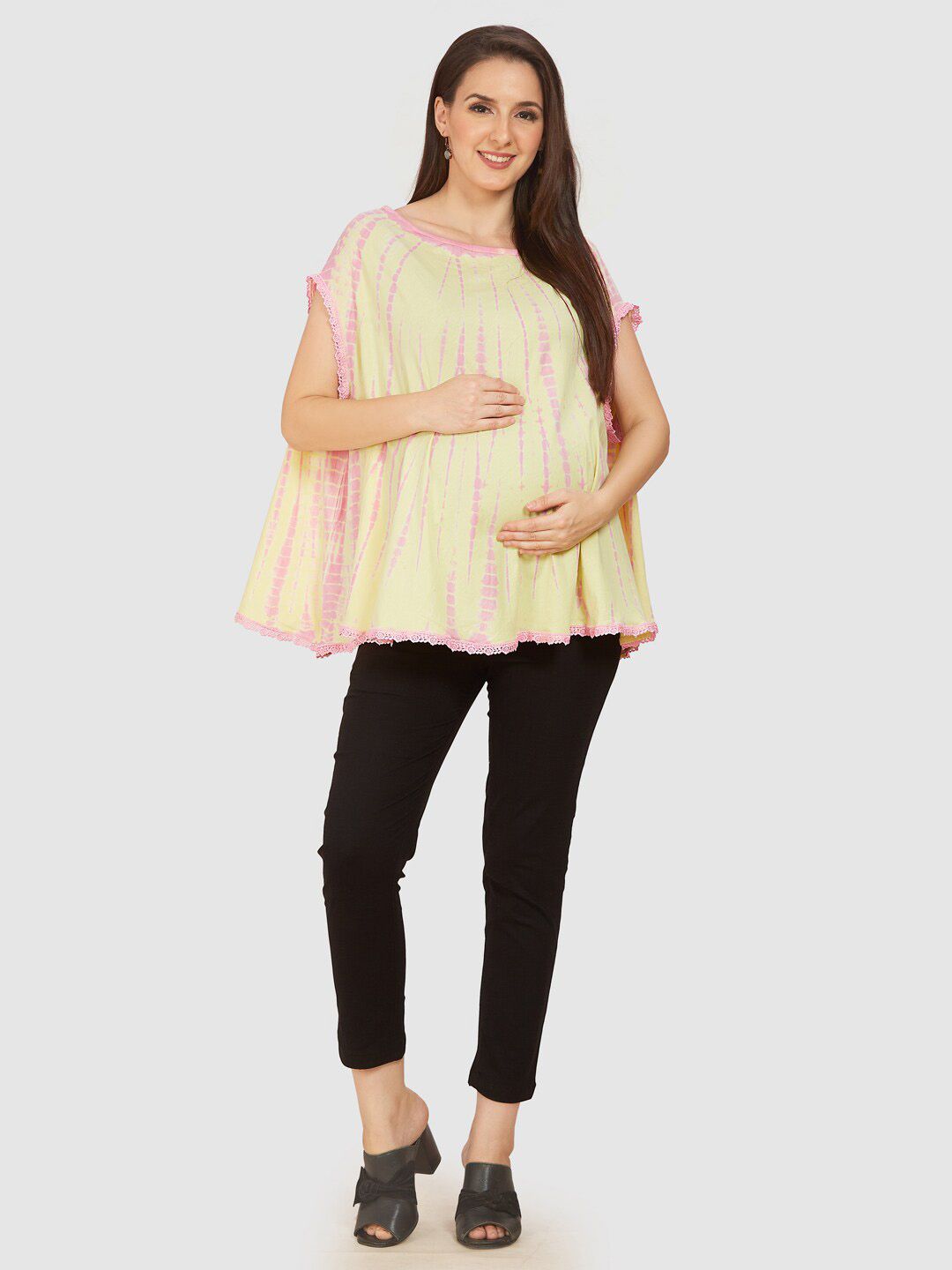 Mom For Sure by Ketki Dalal Maternity Tie & Dye Dyed Lace Inserted A-Line Top Price in India