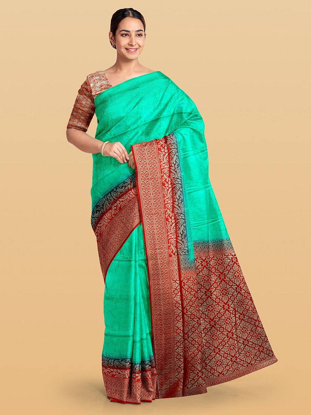 Kalamandir Sea Green & Red Ethnic Motifs Silk Blend Saree Price in India