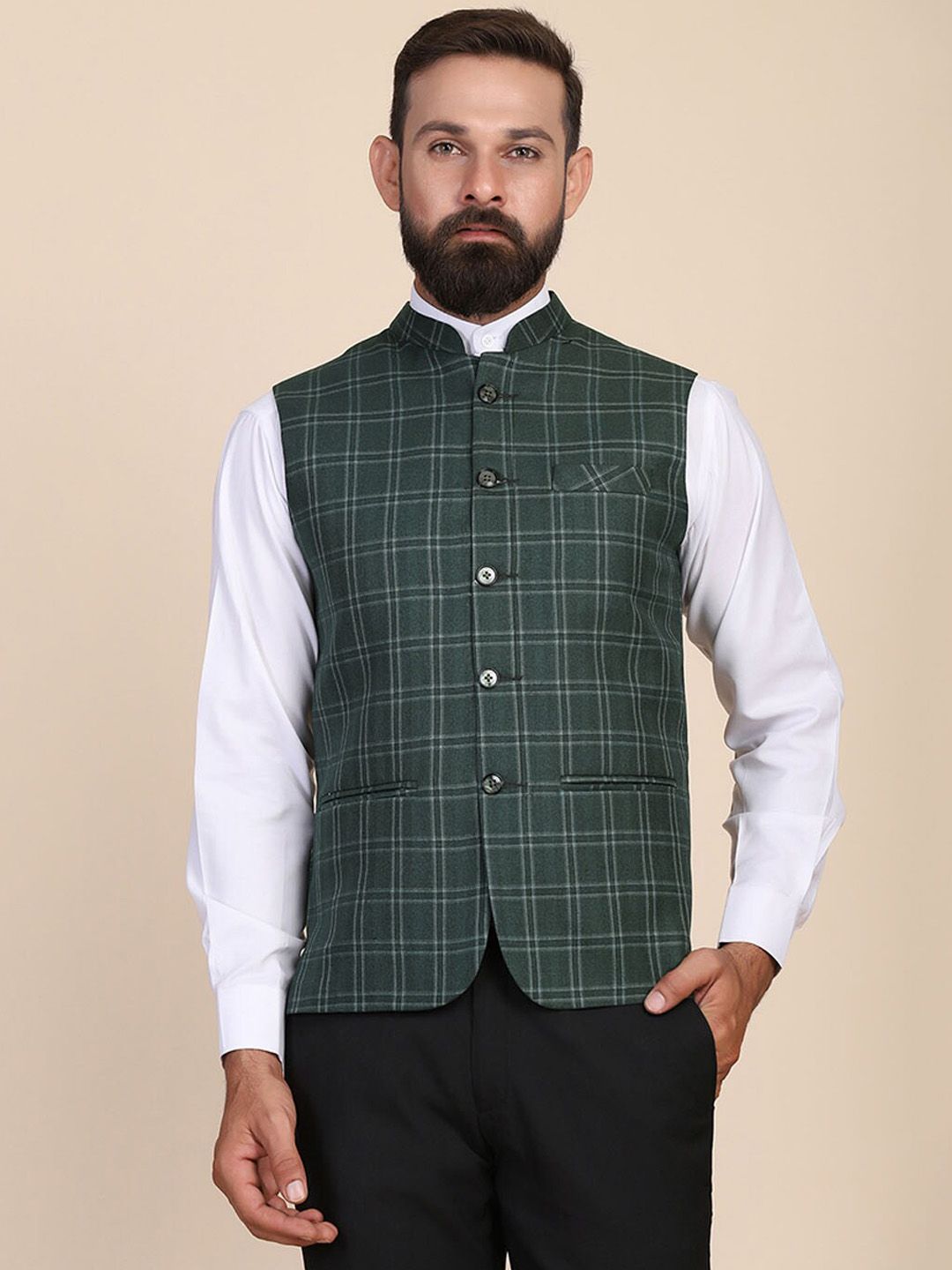 TAHVO Checked Mandarin Mollar Satin Nehru Jackets
