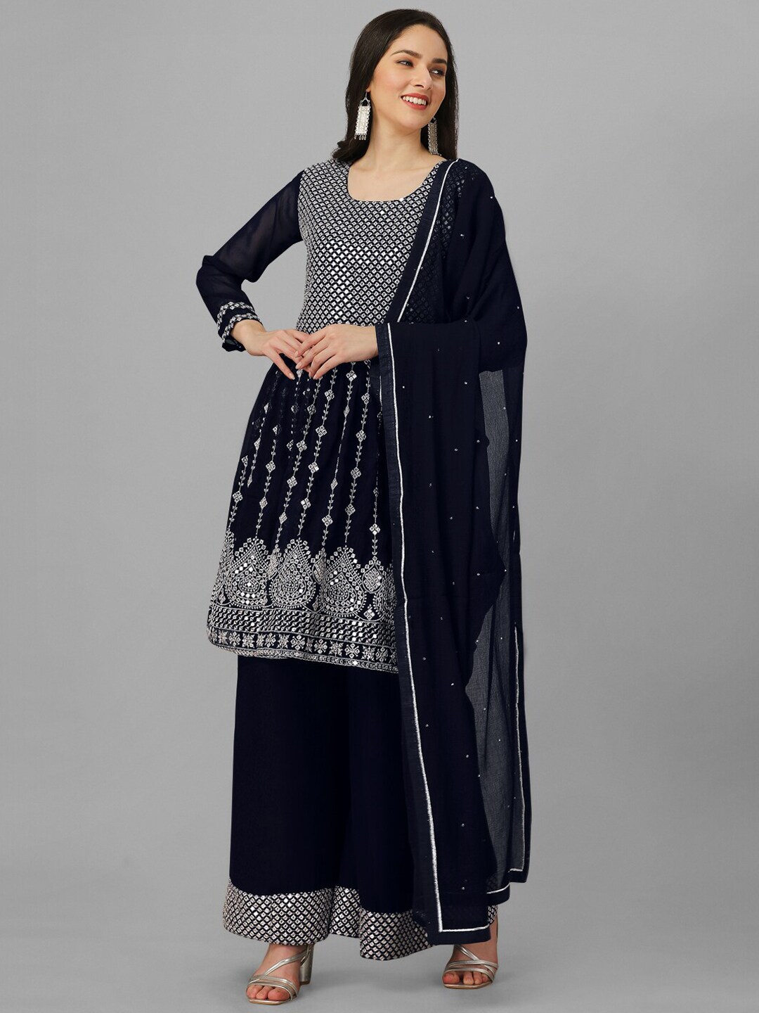 Nivah Fashion Ethnic Motifs Embroidered Pleated Thread Work Kurti With Palazzos & Dupatta
