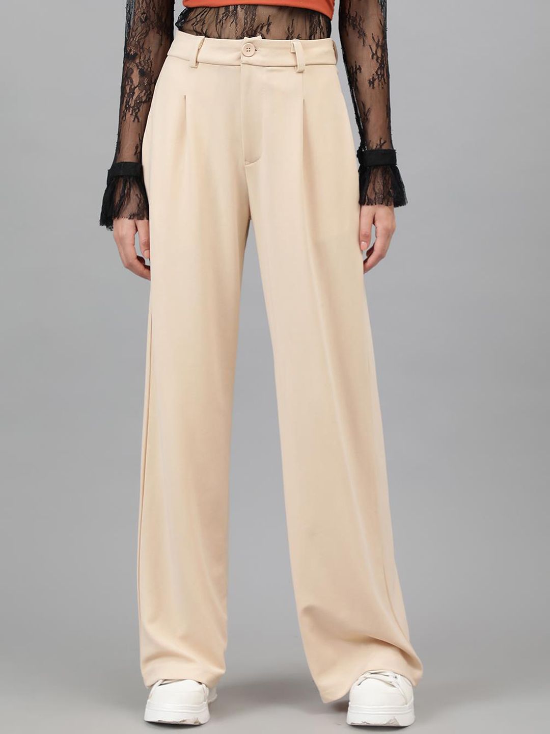 Kotty Women Beige Relaxed Straight Leg High-Rise Easy Wash Pleated Parallel Trousers Price in India