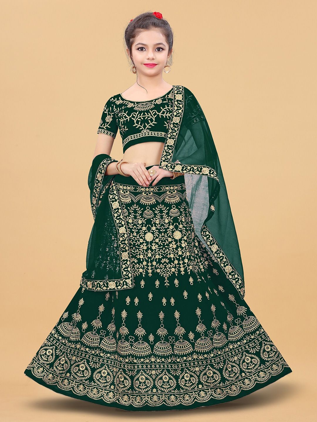 APNISHA Girls Green & Gold-Toned Embroidered Semi-Stitched Lehenga & Unstitched Blouse With Dupatta Price in India