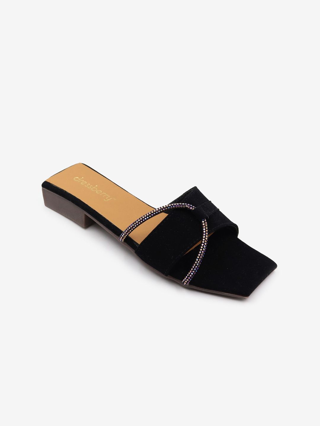 DressBerry Black Embellished Open Toe Flats Price in India