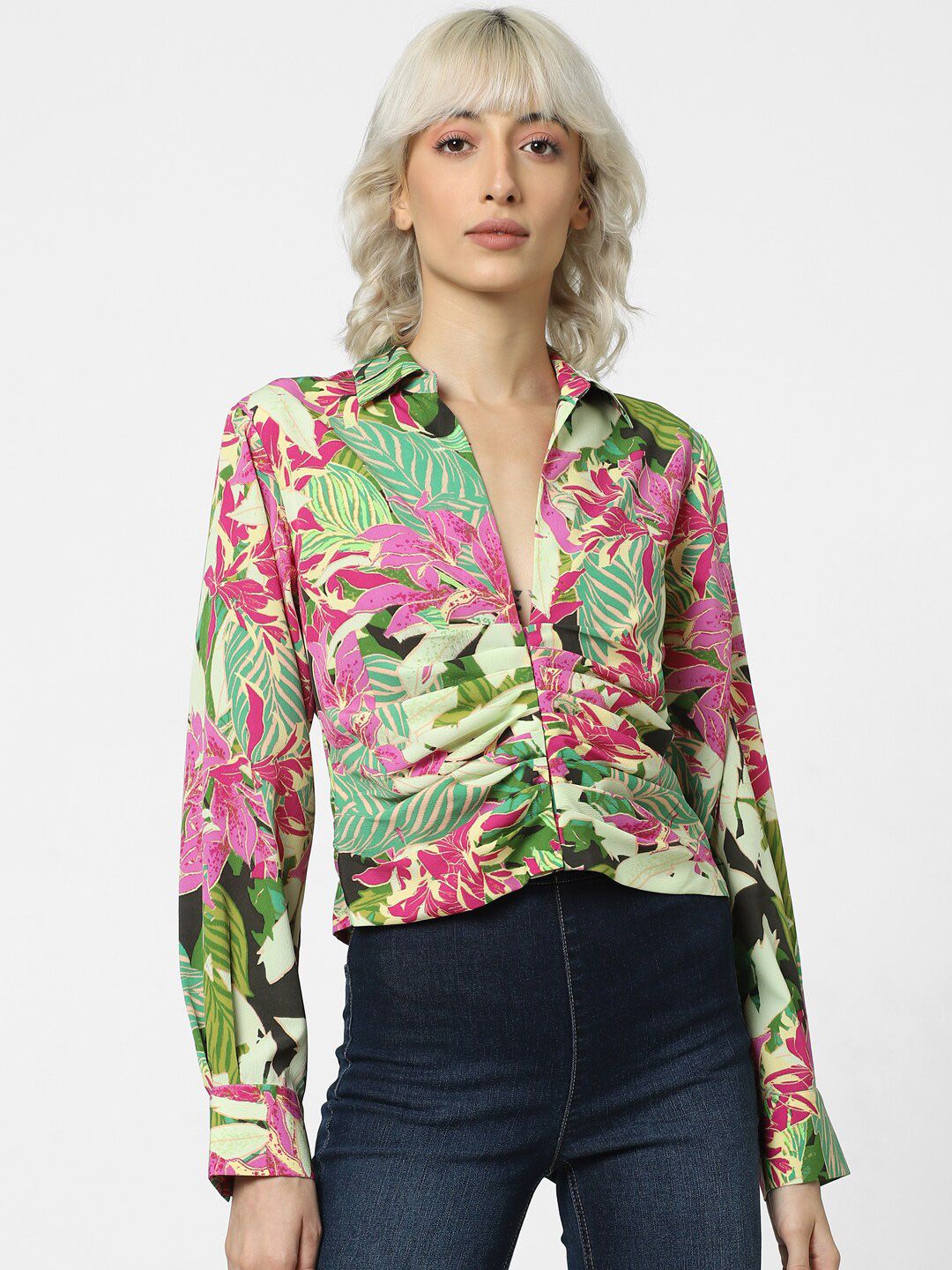 ONLY Onllegacy Aop L/S Floral Printed V-Neck Pleated Shirt Style Top Price in India