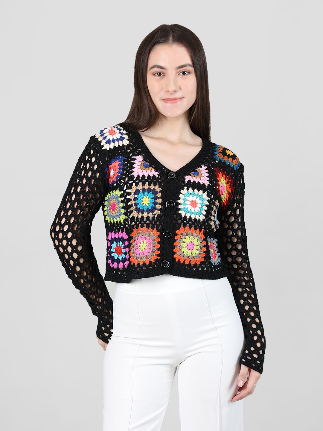 Dlanxa Black Floral Self-Design Crochet Top Price in India