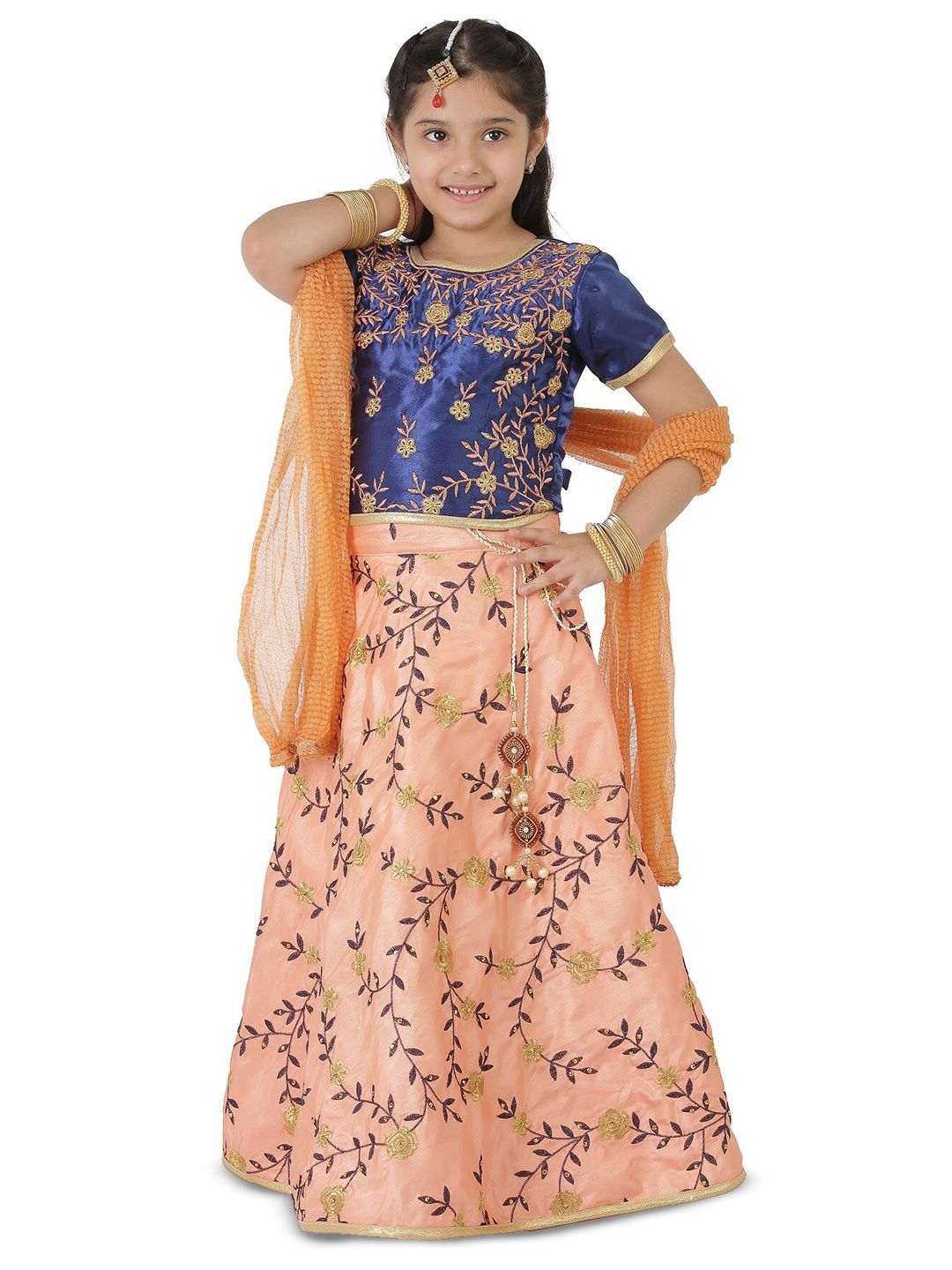 SmartRAHO Girls Pink & Blue Embroidered Thread Work Ready to Wear Lehenga & Blouse With Dupatta Price in India