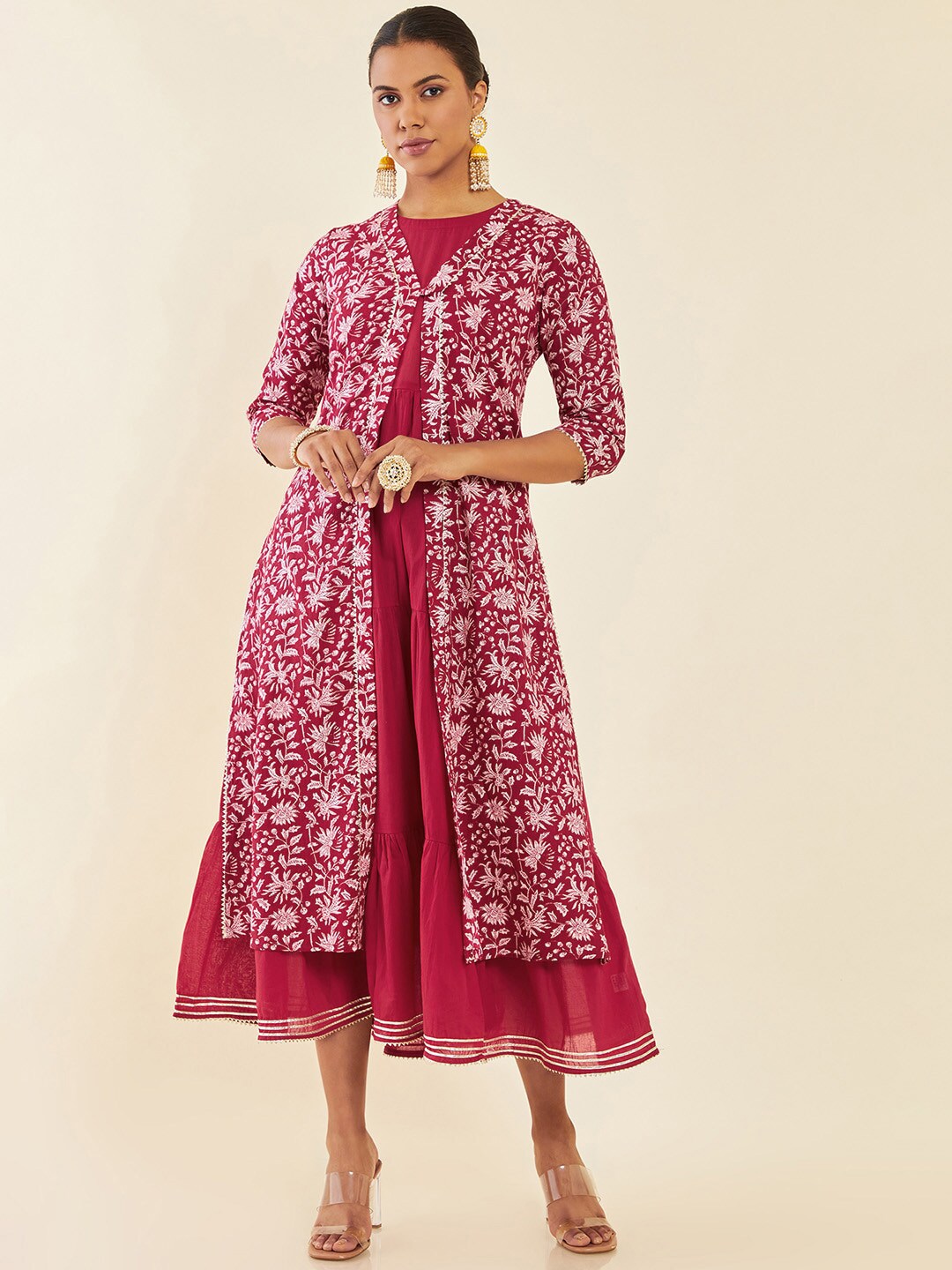 Soch Red Ethnic Motifs Printed Cotton A-Line Midi Dress Price in India
