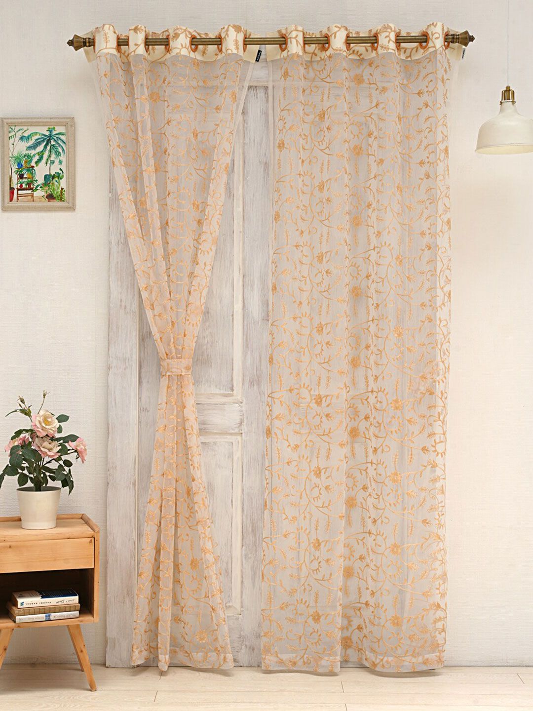 Ariana Ariana White & Gold-Toned Ethnic Motifs Sheer Long Door Curtain